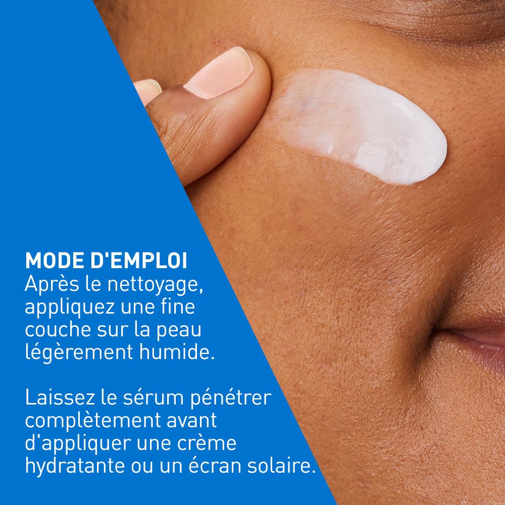 Personne appliquant le sérum sur la peau. Texte : MODE D'EMPLOI. Instructions d'utilisation du sérum.