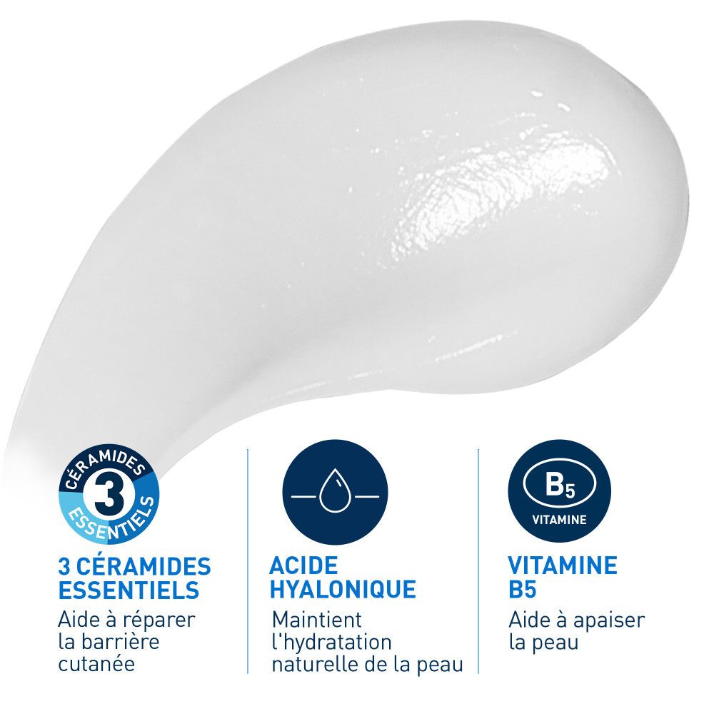 Gros plan du sérum. Texte : 3 CERAMIDES ESSENTIELS, ACIDE HYALURONIQUE, VITAMINE B5.