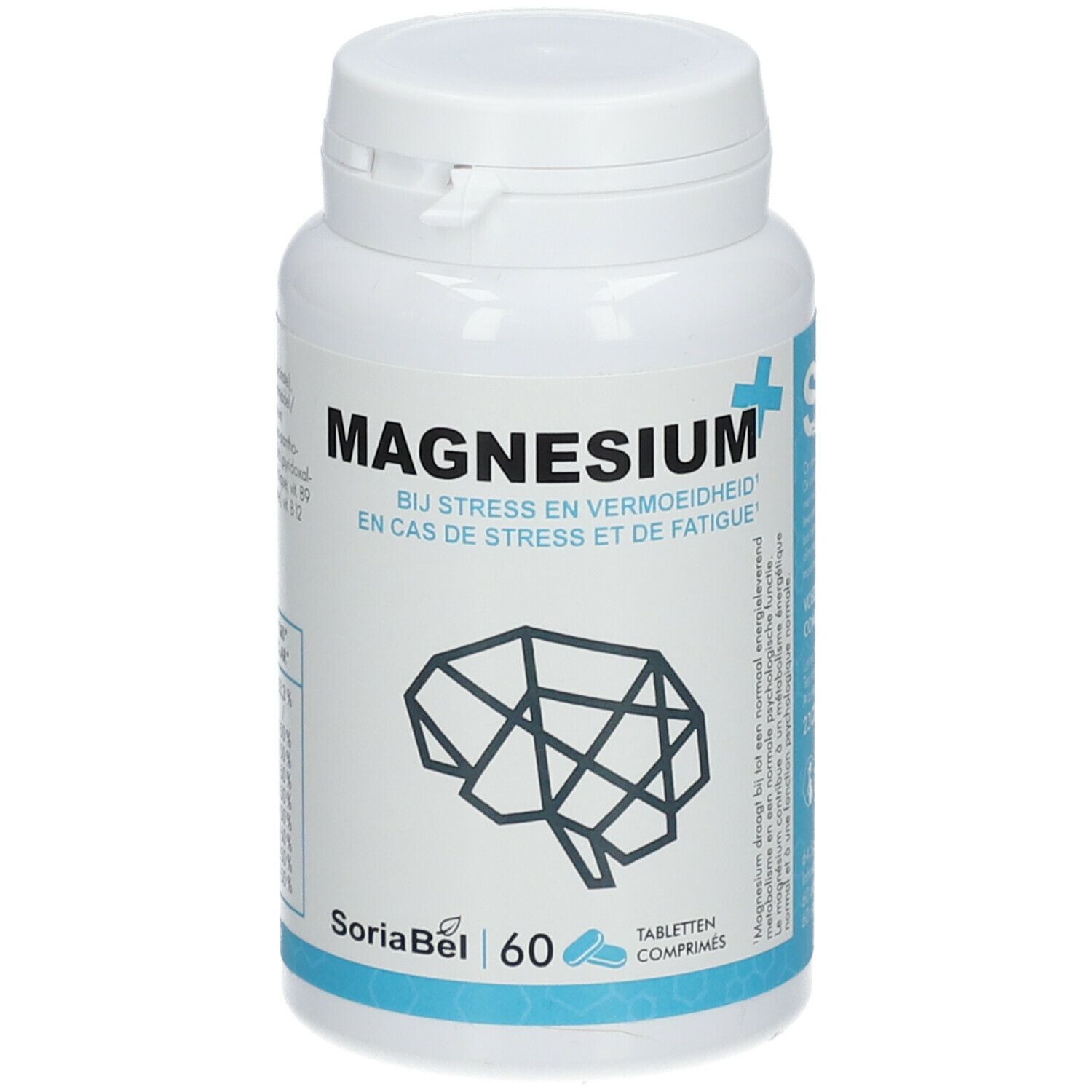 Flacon de comprimés blanc avec étiquette bleue. Inscription: Magnesium+. Contient 60 comprimés. Logo SoriaBel.