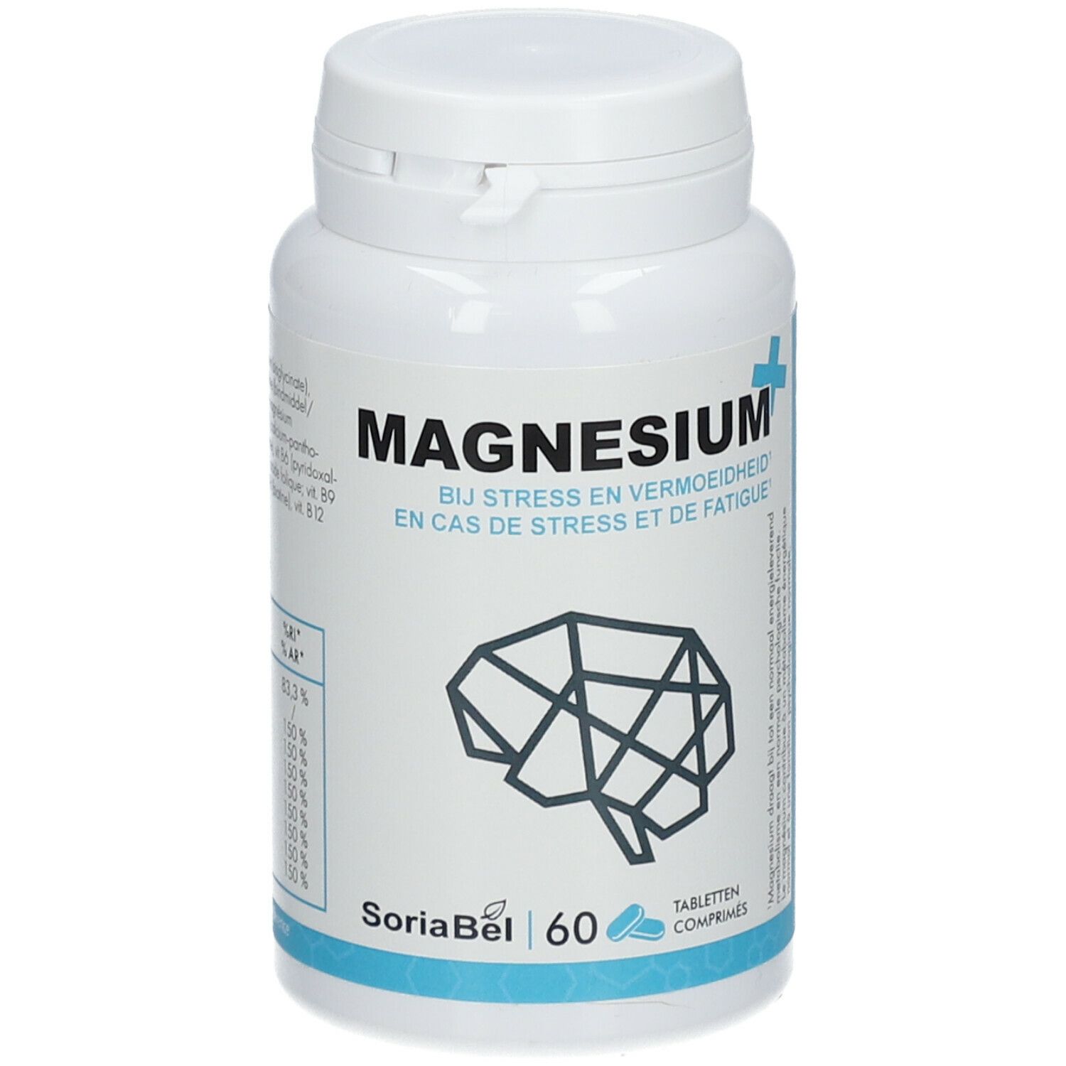 Flacon de comprimés blanc avec étiquette bleue. Inscription: Magnesium+. Contient 60 comprimés. Logo SoriaBel.