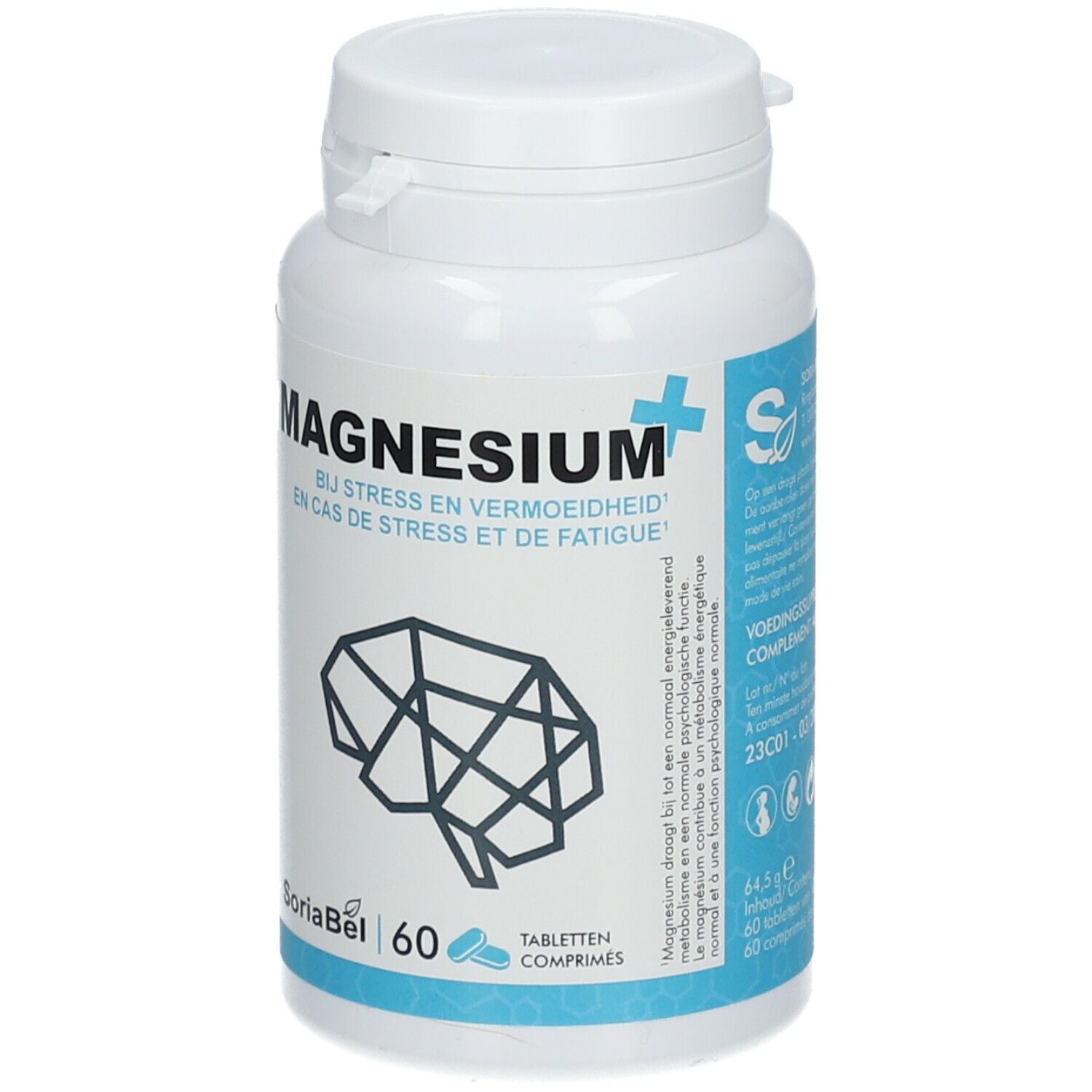 Flacon de comprimés blanc avec étiquette bleue. Inscription: Magnesium+. Contient 60 comprimés. Logo SoriaBel.