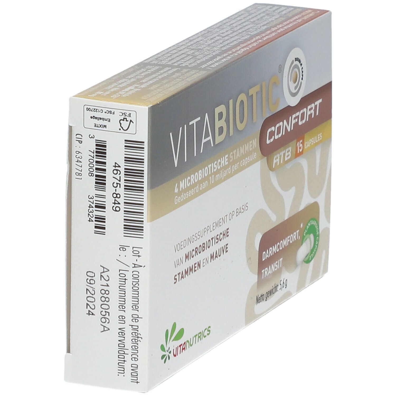 Schachtel VITABIOTIC® Komfort. Rückseite mit Produktinformationen und Chargennummer. Mindesthaltbarkeitsdatum 09/2024.