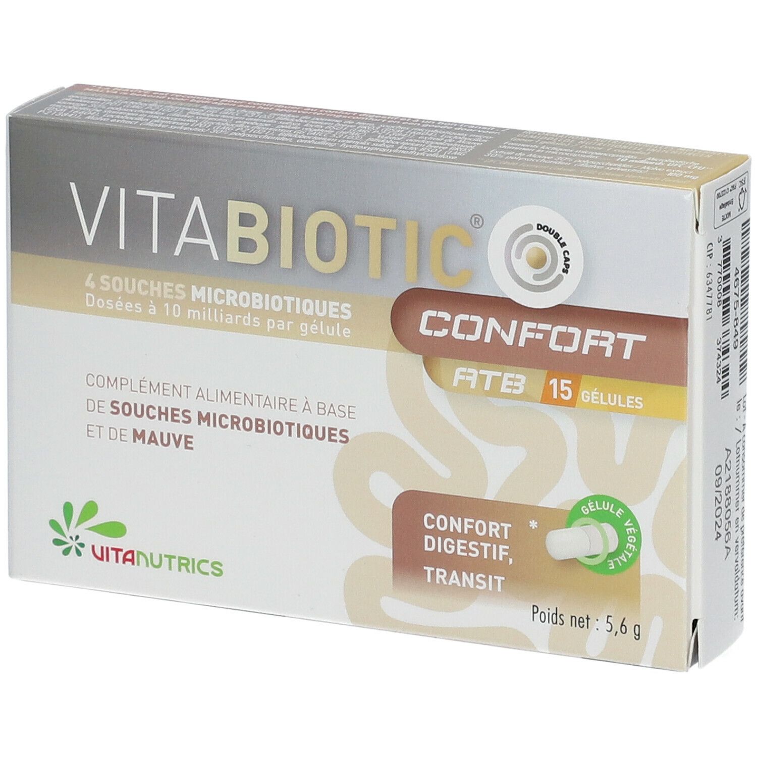 Schachtel VITABIOTIC® Komfort. 4 Mikrobenstämme. 15 Gelules. Darmkomfort, Transit. Pflanzliche Kapsel. Nettogewicht 5,6 g.