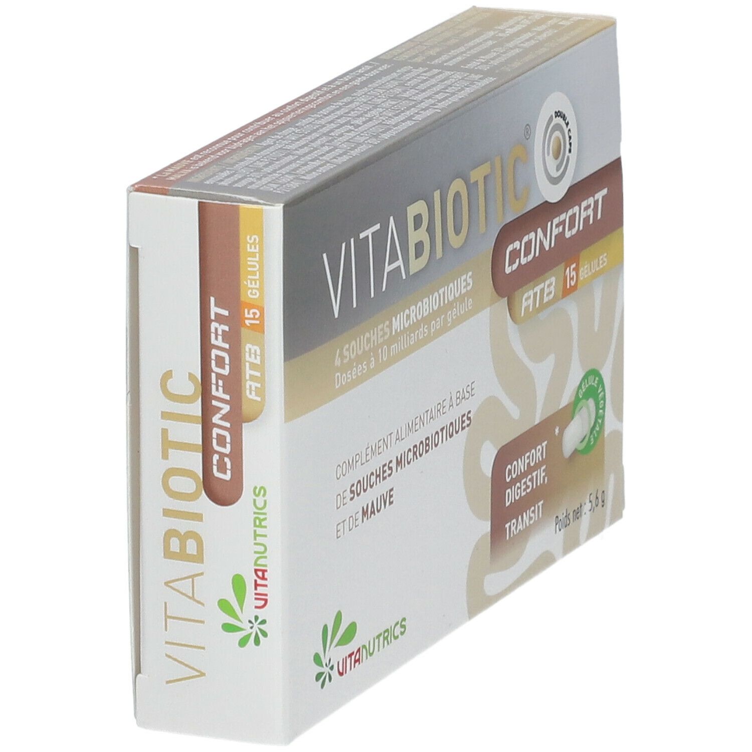 Schachtel VITABIOTIC® Komfort. 4 Mikrobenstämme. 15 Gelules. Darmkomfort, Transit. Pflanzliche Kapsel. Nettogewicht 5,6 g.