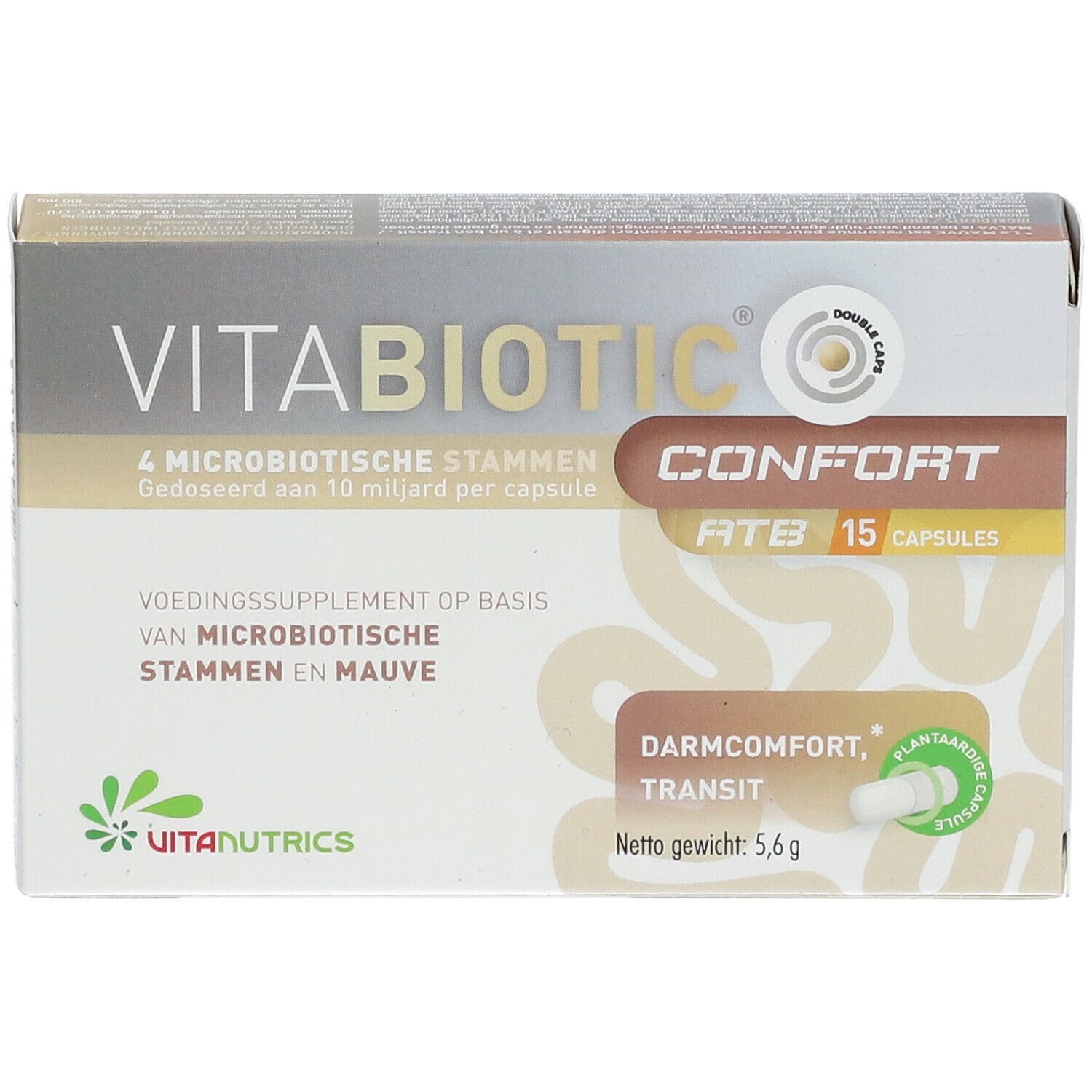 Schachtel VITABIOTIC® Komfort. 4 Mikrobenstämme. Darmkomfort, Transit. Pflanzliche Kapsel. Nettogewicht 5,6 g.