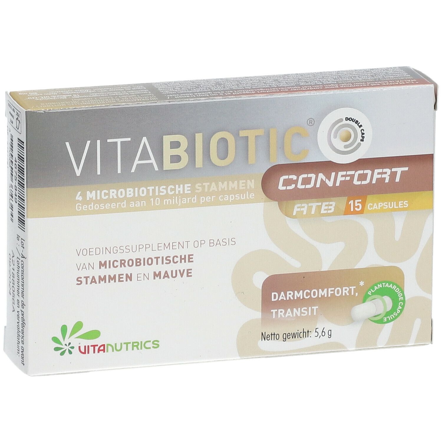 Schachtel VITABIOTIC® Komfort. 4 Mikrobenstämme. Darmkomfort, Transit. Pflanzliche Kapsel. Nettogewicht 5,6 g.