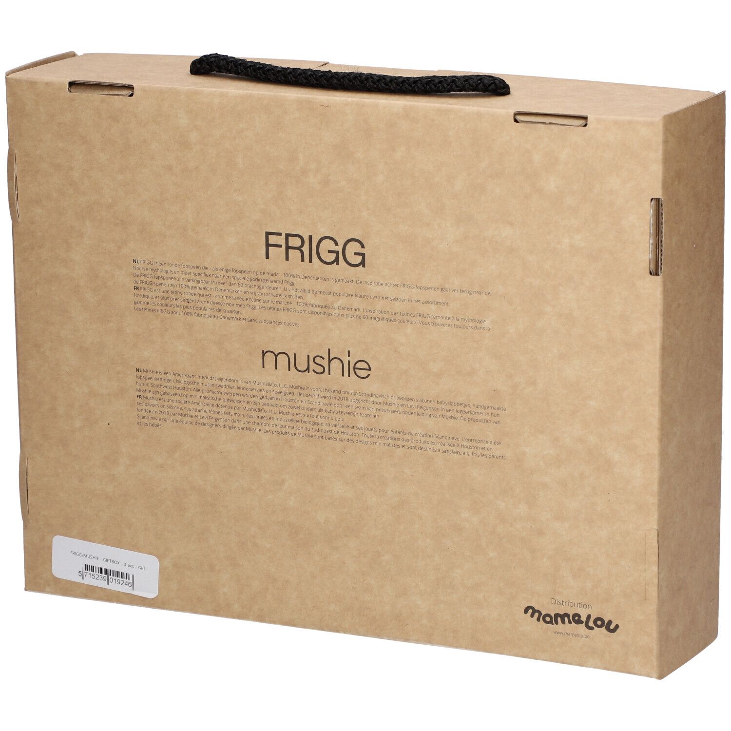 Dos du coffret cadeau. Texte : FRIGG, Mushie. Texte multilingue. Logo : MamaLou.