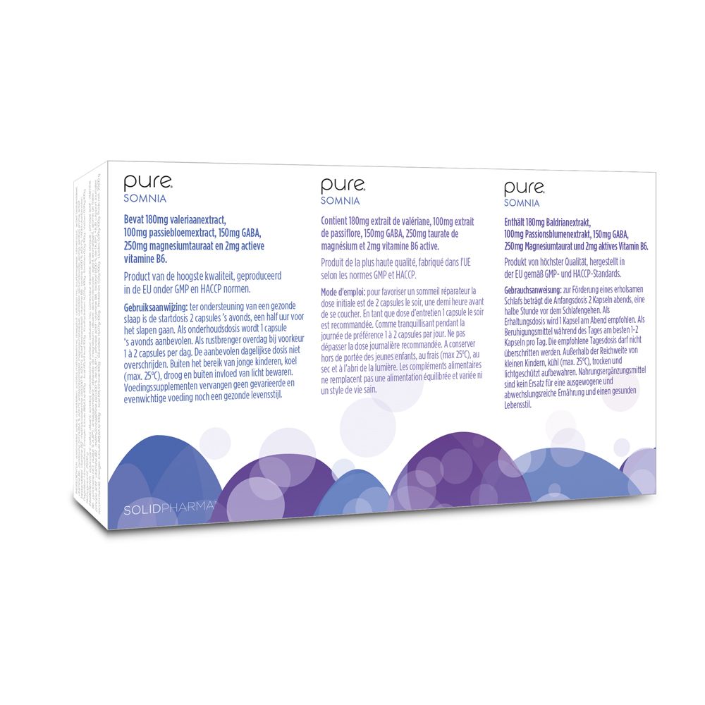 Dos de la boîte "pure Somnia". Informations produit multilingues. Graphique abstrait bleu.