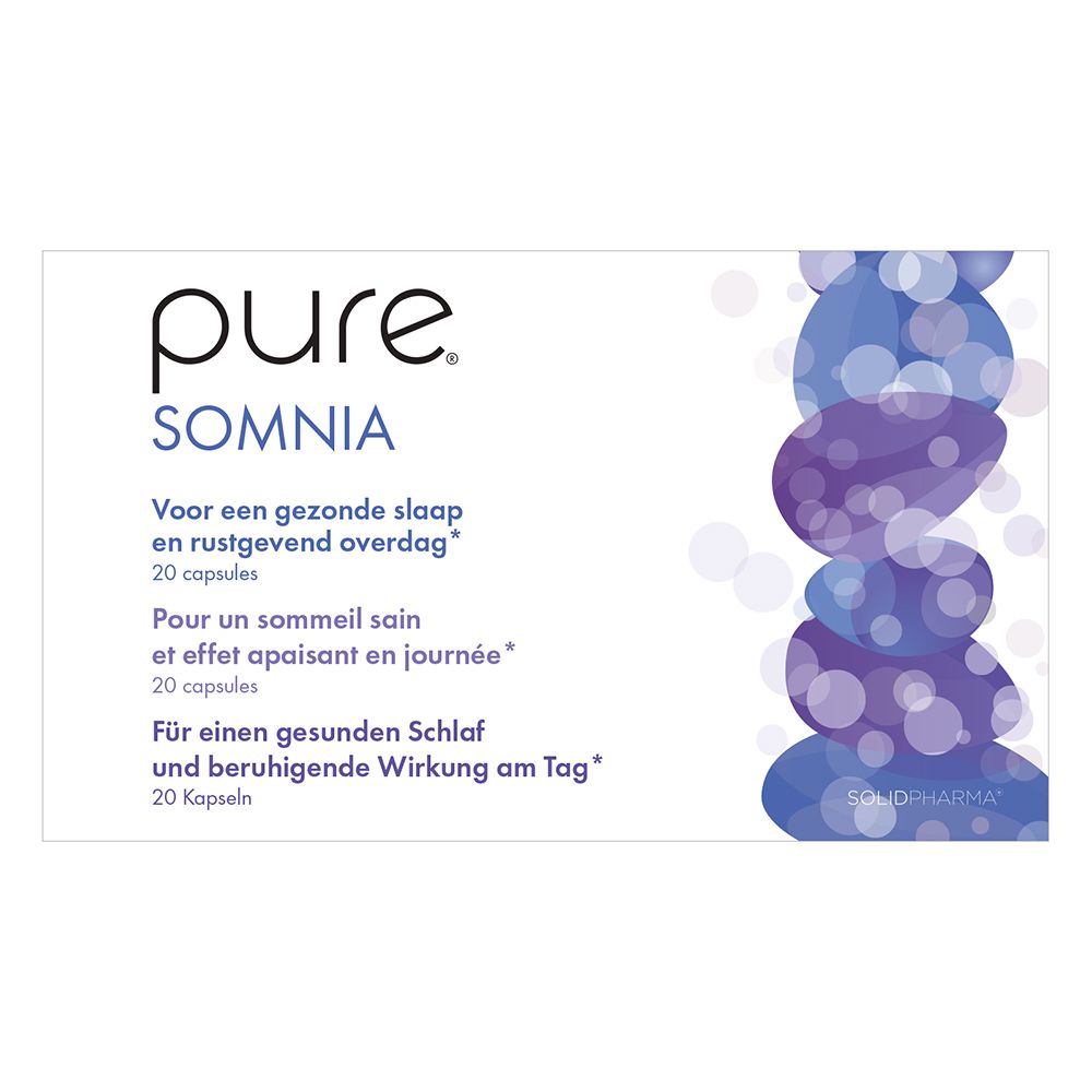Boîte blanche "pure Somnia". Informations produit et graphique abstrait bleu. 20 gélules.