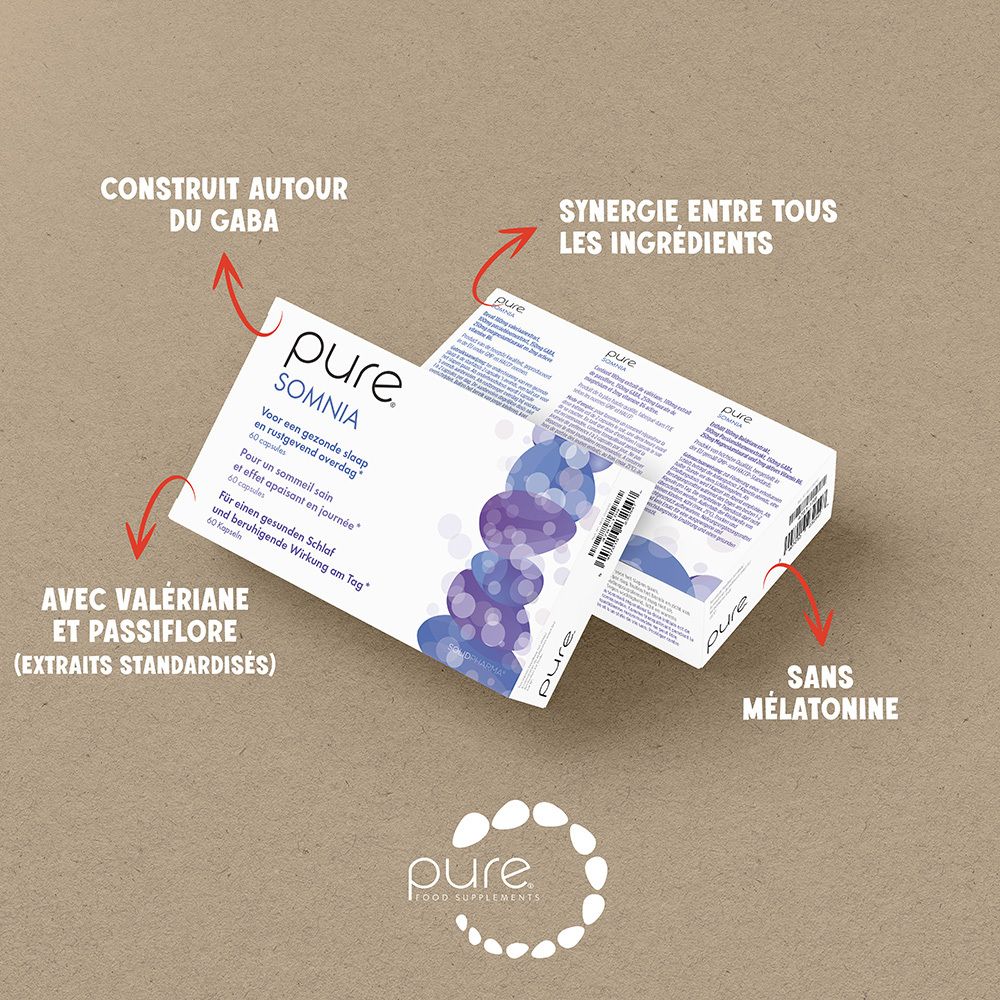Boîte blanche "pure Somnia". Informations produit et graphique abstrait bleu. 20 gélules.
