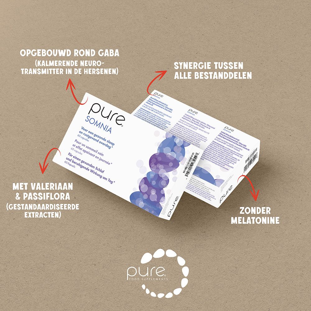 Witte doos "pure Somnia". Productinfo en blauwe, abstracte afbeelding. 20 capsules.