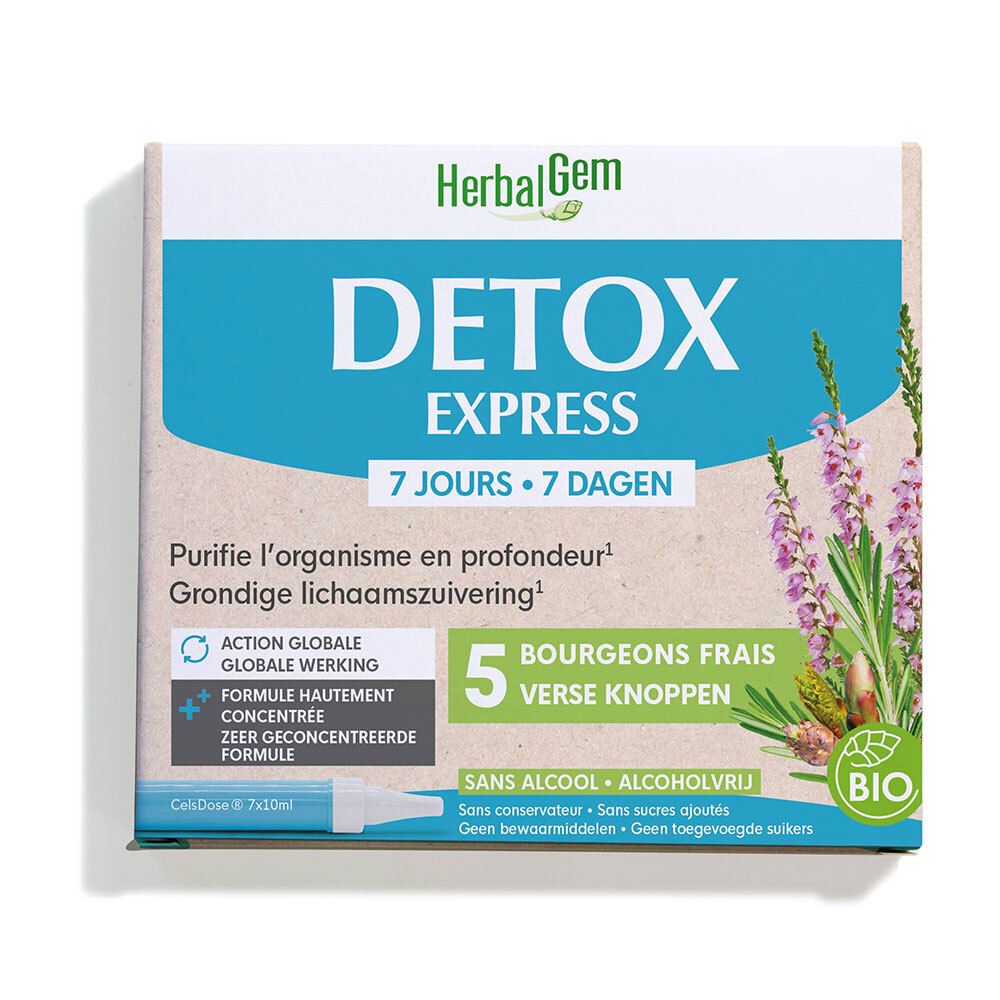 Boîte "HerbalGem Detox Express". Texte bleu et blanc, 7 jours. Contient 5 bourgeons frais. Certification Bio.