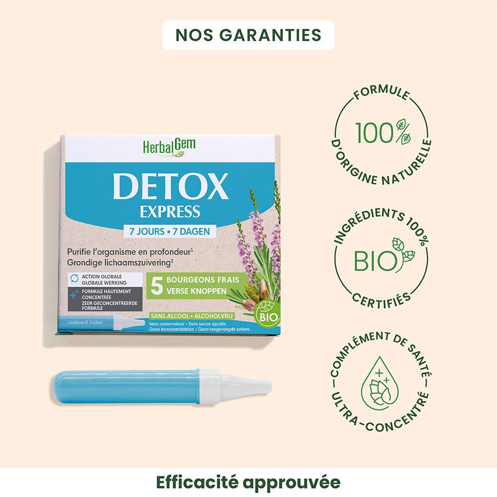 Boîte "HerbalGem Detox Express" avec certifications : ingrédients 100% naturels, Bio, ultra-concentré. Ampoule bleue.