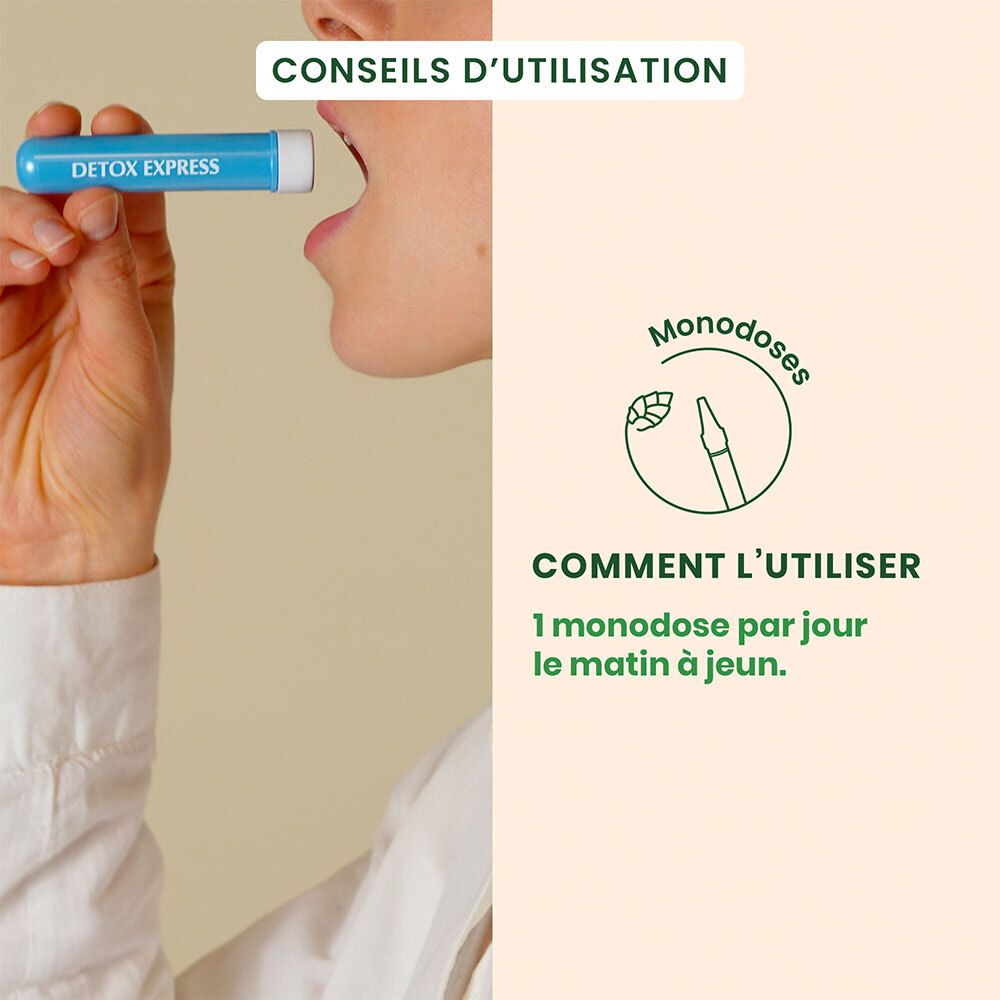 Personne buvant d'une ampoule monodose bleue. Texte : "Comment l'utiliser : 1 monodose par jour le matin à jeun".