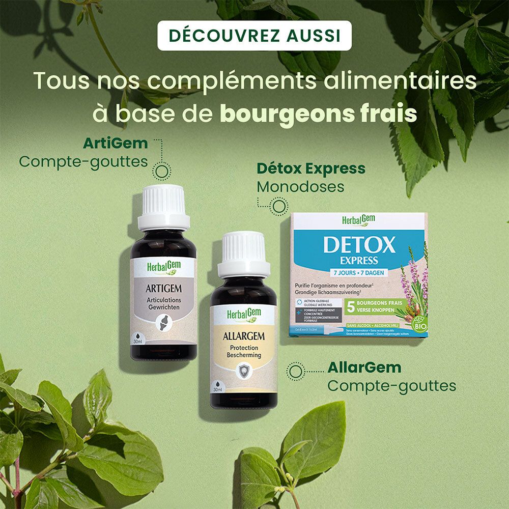 Trois produits : Artigem, Allargem et Detox Express. Flacons et boîte. Texte : "Découvrez aussi... Tous nos compléments alimentaires".