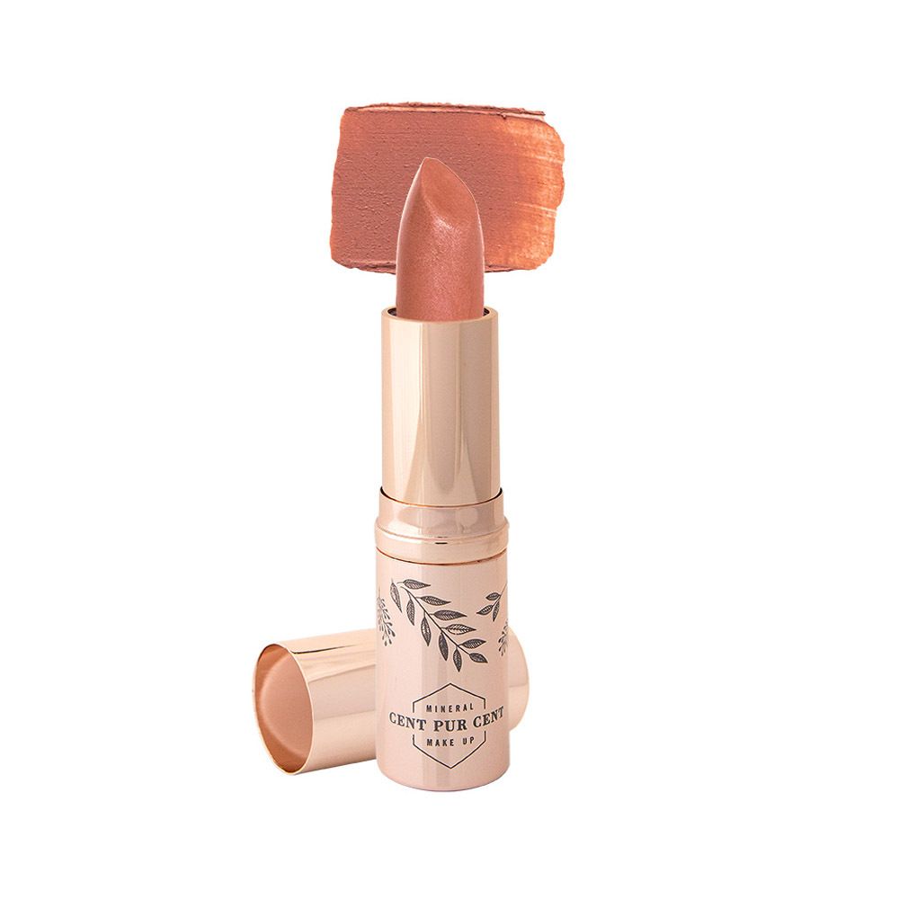 Lippenstift in gouden huls, met open dop en kleurstaal. Productnaam zichtbaar.