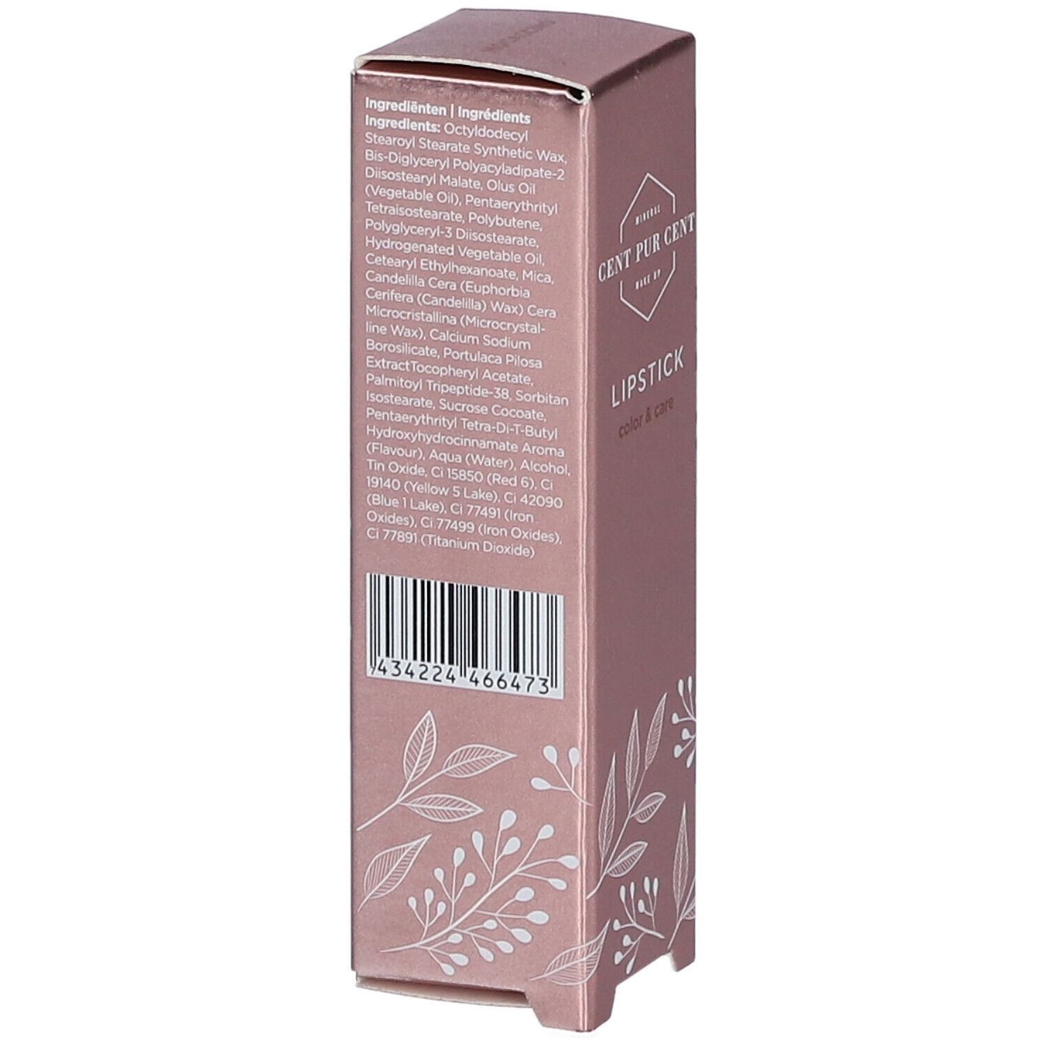 Rückseite der rosafarbenen Verpackung. Enthält Zutatenliste und Barcode.