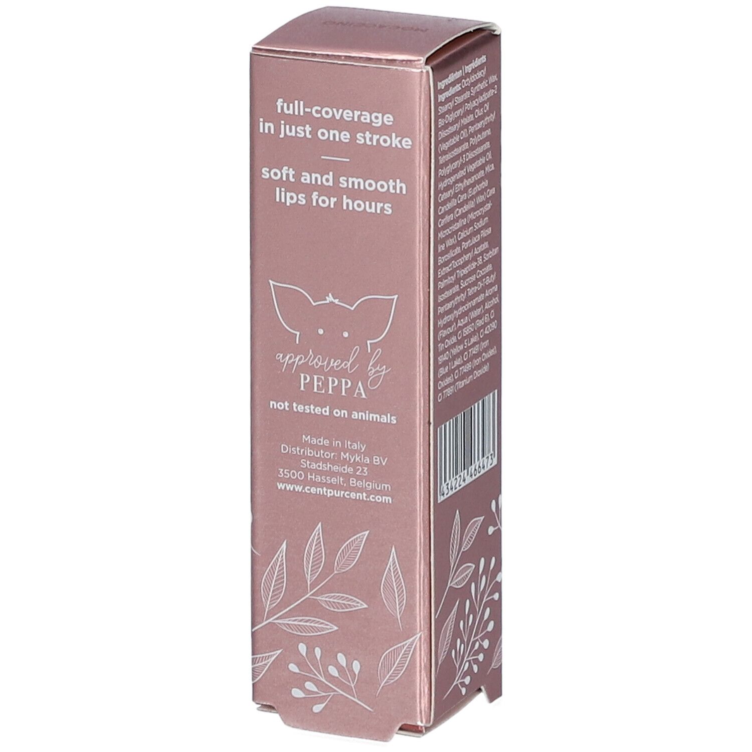 Rosafarbene Verpackung mit Text: 'full-coverage in just one stroke' und 'approved by Peppa'.