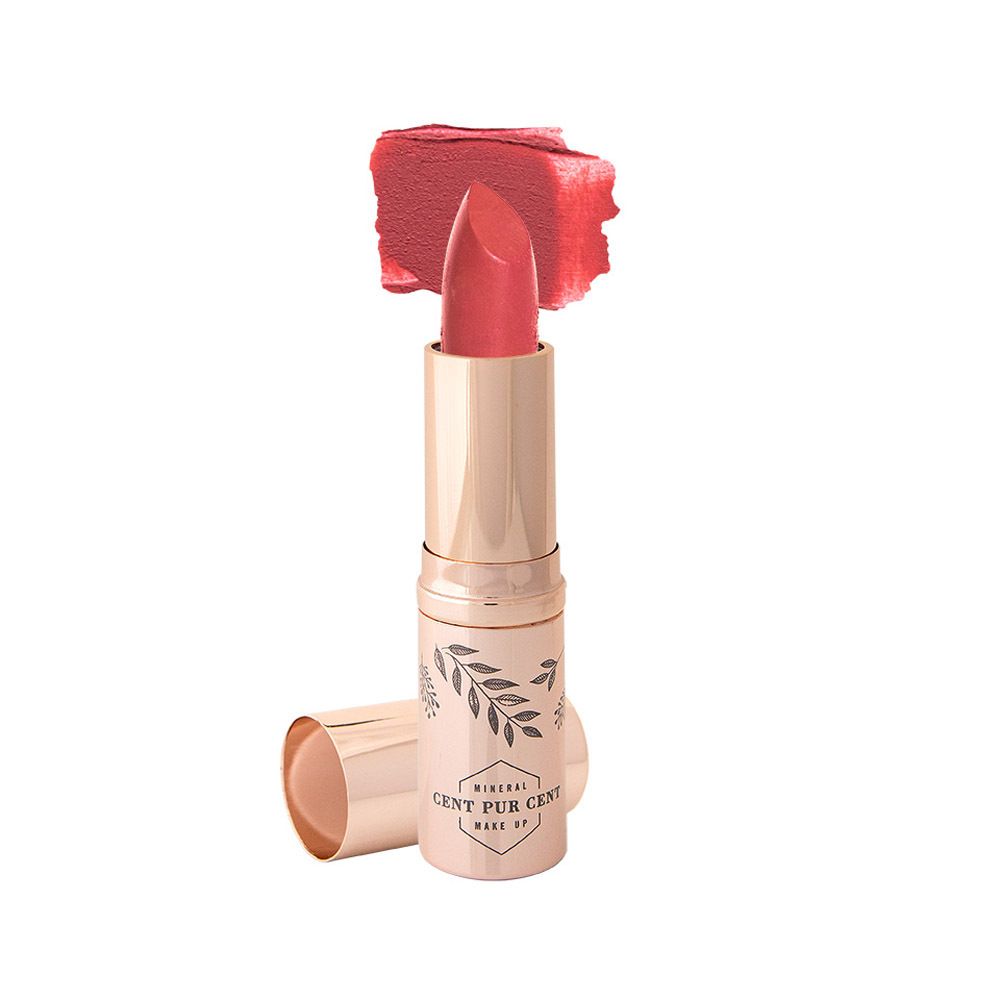 Rouge à lèvres ouvert avec couleur rose. CENT PUR CENT, Make Up. Étui doré avec illustration de feuilles. Trace de couleur.