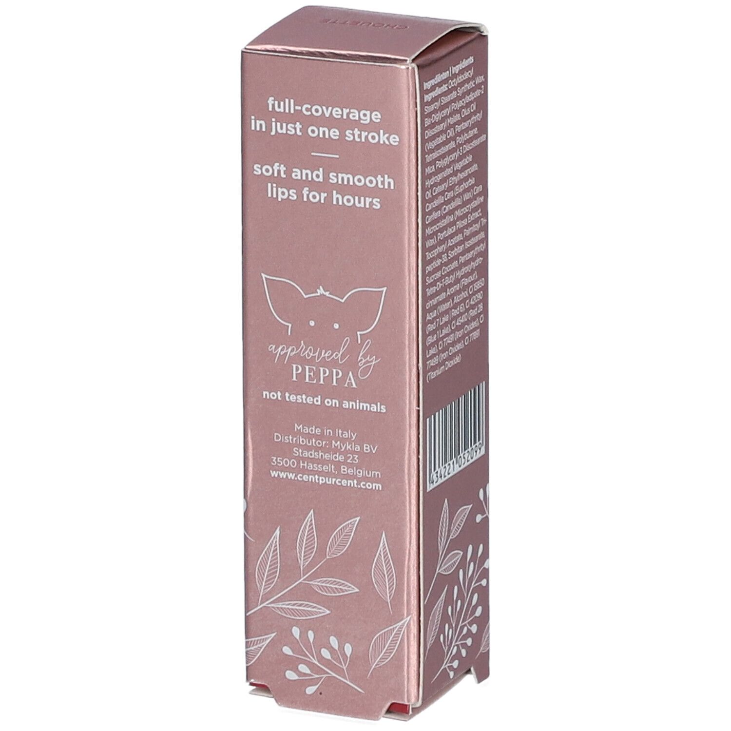 Boîte de rouge à lèvres. Texte: full-coverage in just one stroke, soft and smooth lips for hours. Approved by Peppa. Non testé sur les animaux.
