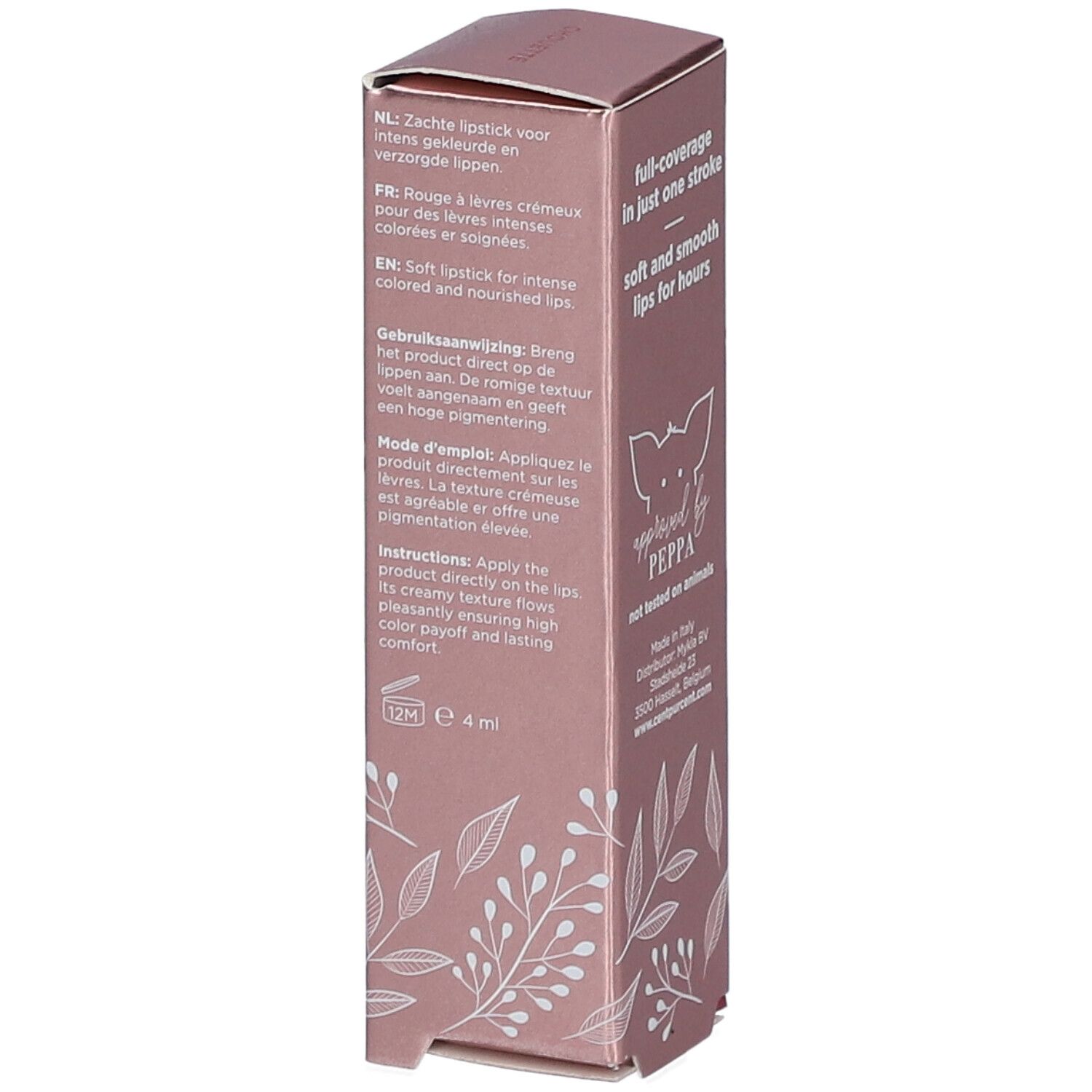 Boîte de rouge à lèvres. Texte en allemand, anglais, français et néerlandais. Approved by Peppa. Symbole 12M. 4 ml.