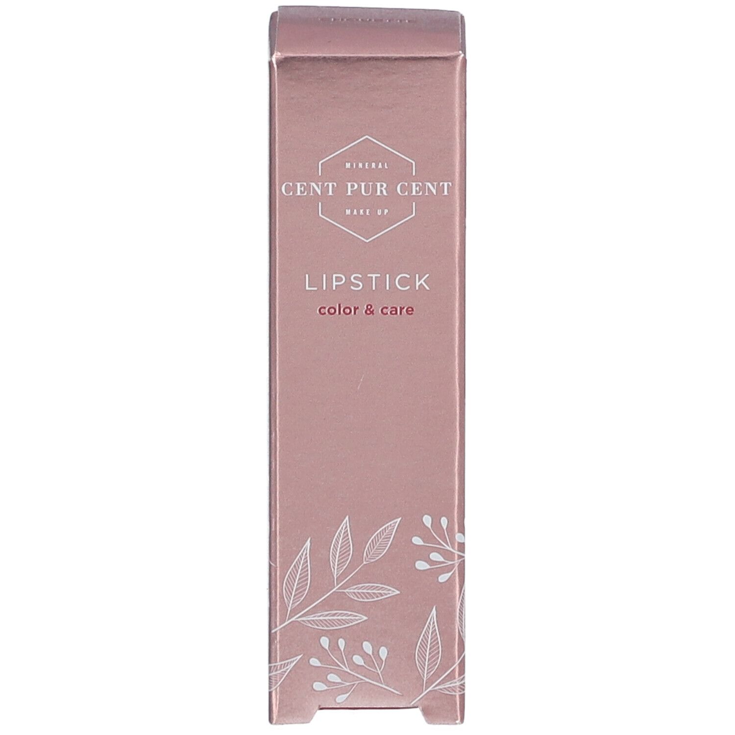 Boîte de rouge à lèvres rose. CENT PUR CENT, rouge à lèvres, color & care. Illustration de feuilles blanches. Symbole 12M.