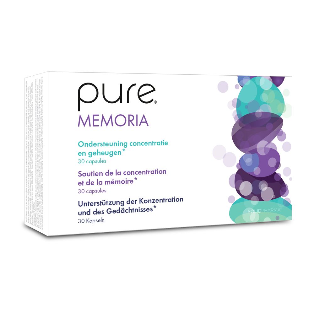 Boîte blanche avec logo « pure Memoria » et nom du produit. Texte en allemand, néerlandais et français. 30 gélules.