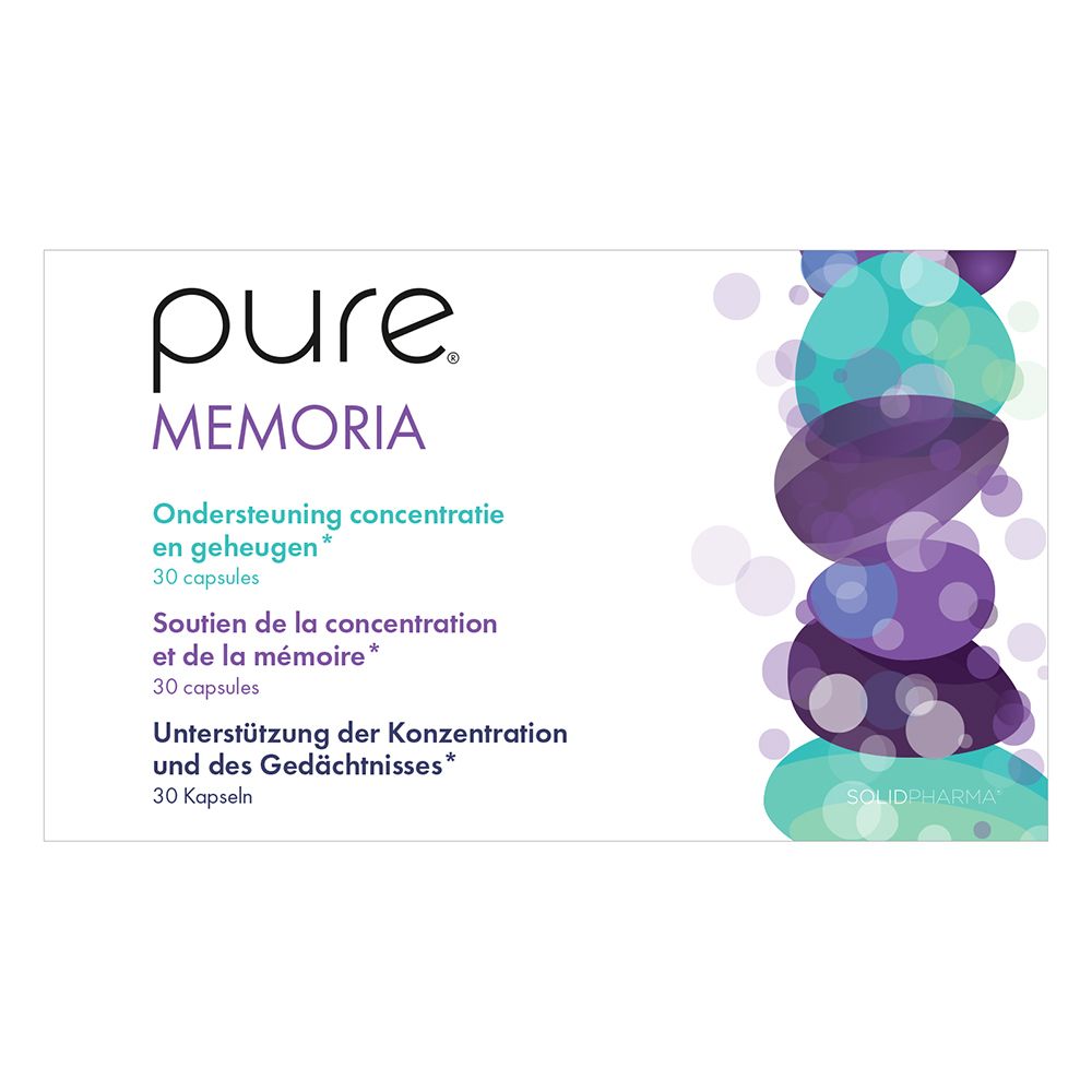 Boîte blanche avec logo « pure Memoria » et nom du produit. Texte en allemand, néerlandais et français. 30 gélules.