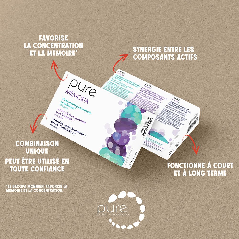 Boîte blanche avec logo « pure Memoria » et nom du produit. Texte en allemand, néerlandais et français. 30 gélules.