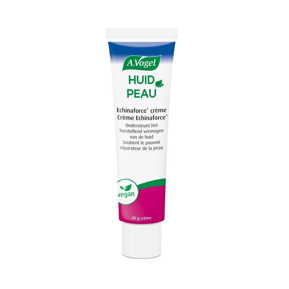 Crèmetube met productnaam en logo. Vegan-keurmerk. 30 g crème.