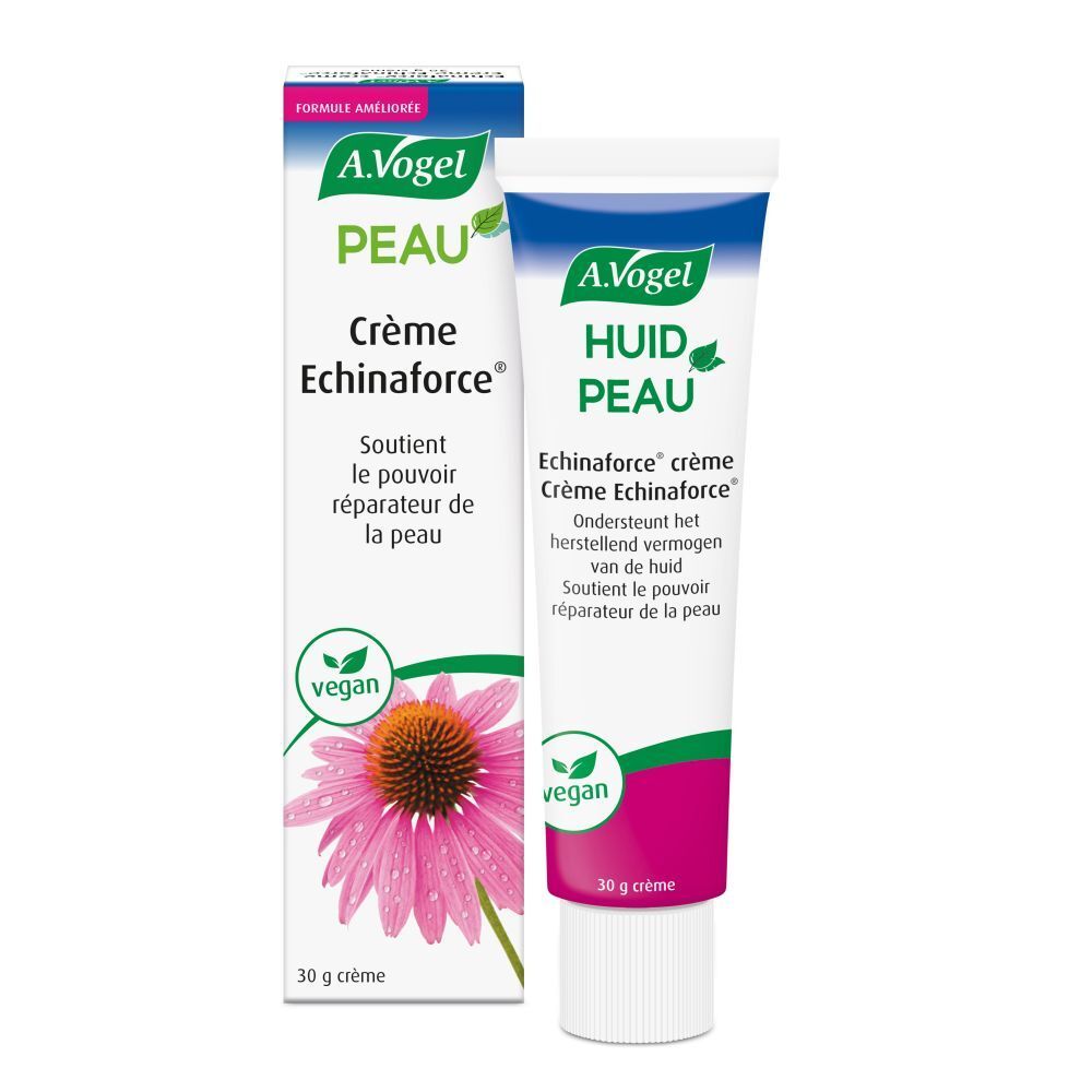 Tube de crème avec nom et logo du produit. Label vegan. 30 g de crème.