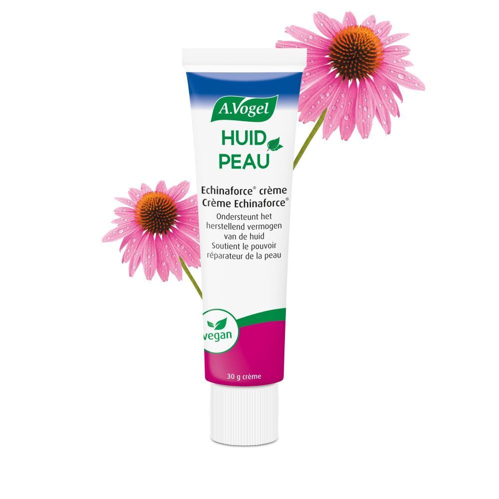 Crèmetube met logo en productnaam, omringd door roze bloemen. Vegan-keurmerk.