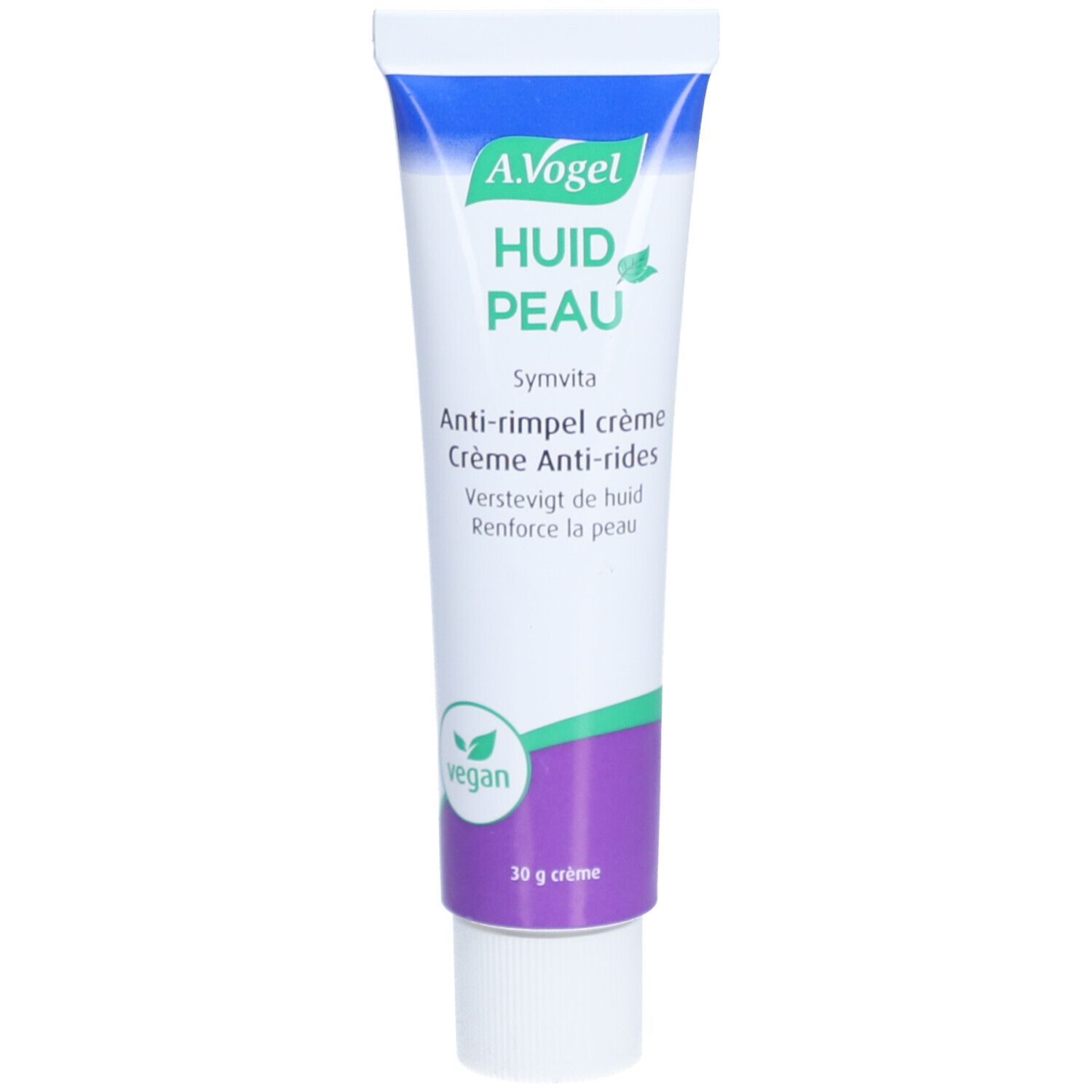 Tube mit A.Vogel Symvita Anti-Falten-Creme. Weiß, blau und lila Design. Vegan-Siegel. 30 g.