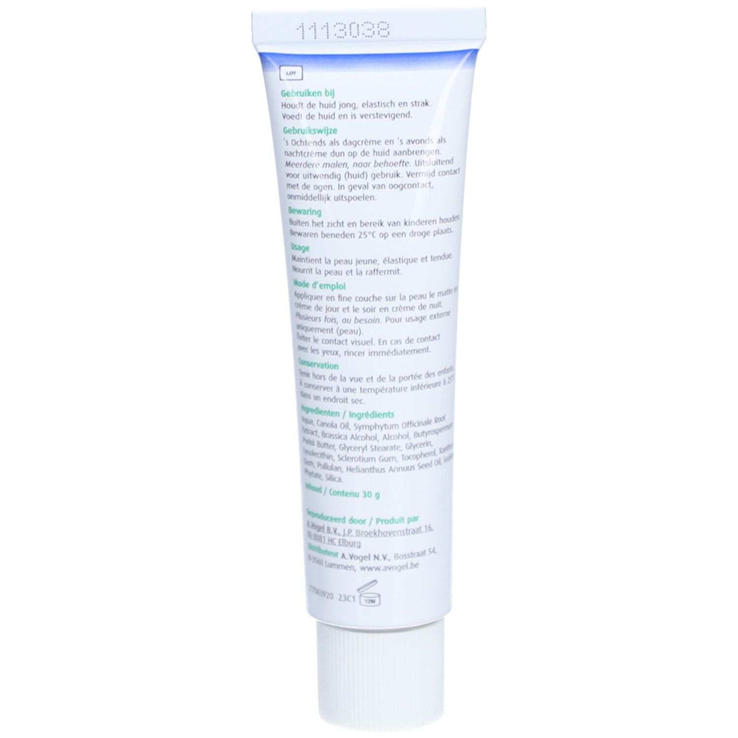 Rückseite der Tube A.Vogel Symvita Anti-Falten-Creme. Text in mehreren Sprachen. 30 g.