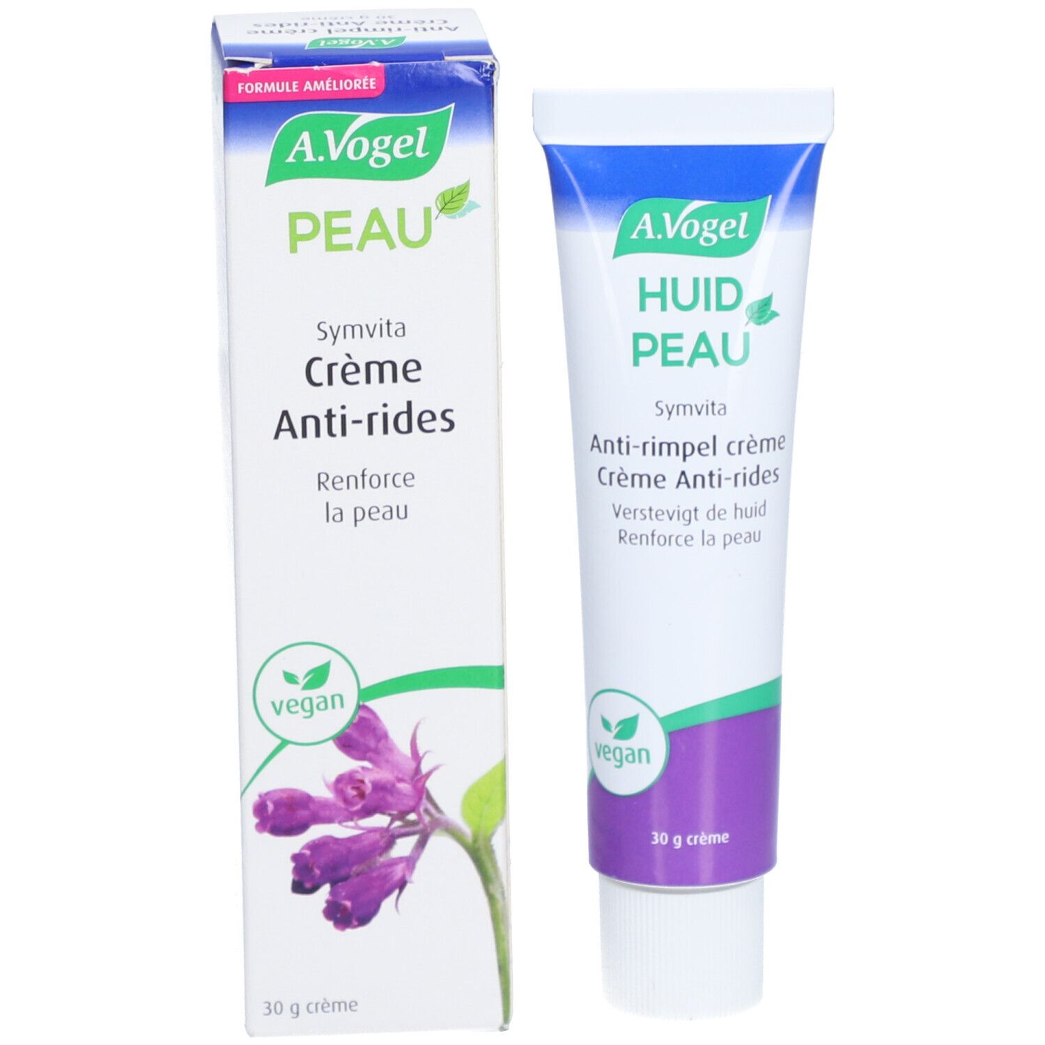 A.Vogel Symvita Anti-Falten-Creme und Verpackung. Weiß, blau, lila Design. Vegan-Siegel. 30 g.