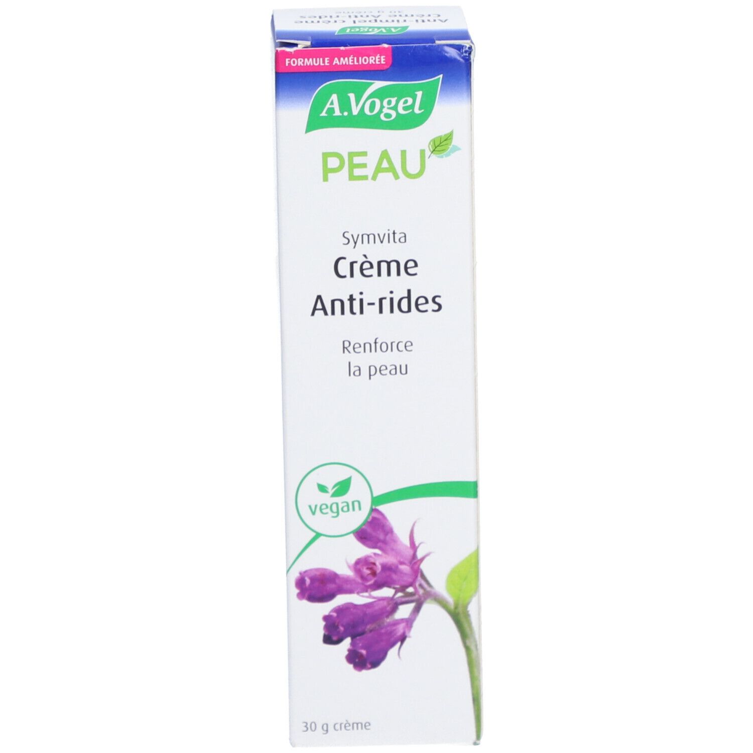 Verpackung der A.Vogel Symvita Anti-Falten-Creme. Weiß, blau, lila Design. Vegan-Siegel. 30 g.