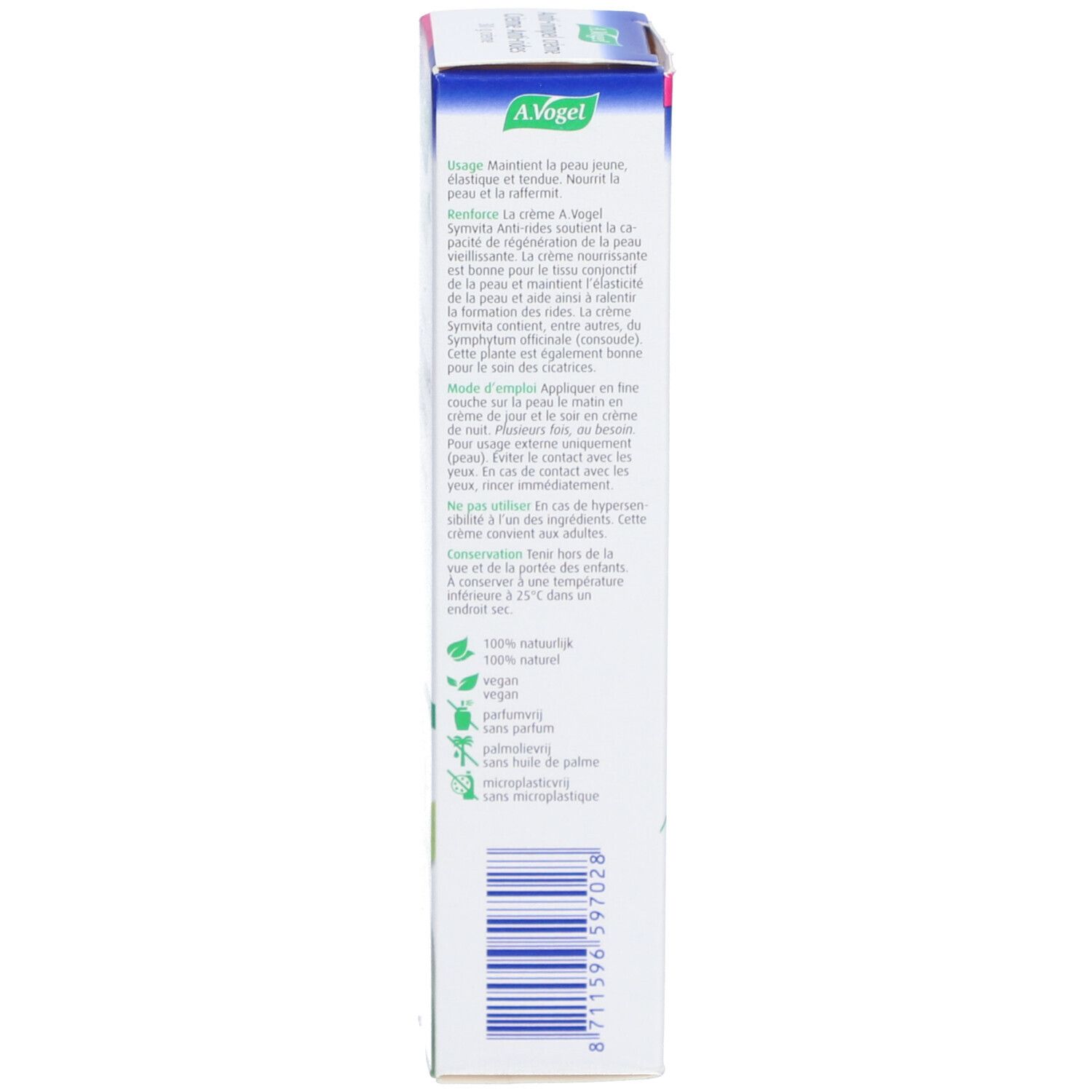 Seite der Verpackung der A.Vogel Symvita Anti-Falten-Creme. Text, Logos. Vegan-Siegel. 30 g.