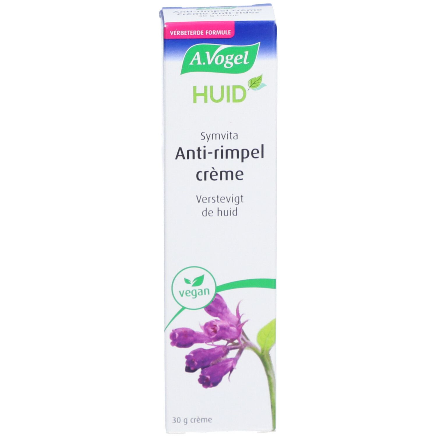 Verpackung der A.Vogel Symvita Anti-Falten-Creme. Weiß, blau, lila Design. Vegan-Siegel. 30 g.