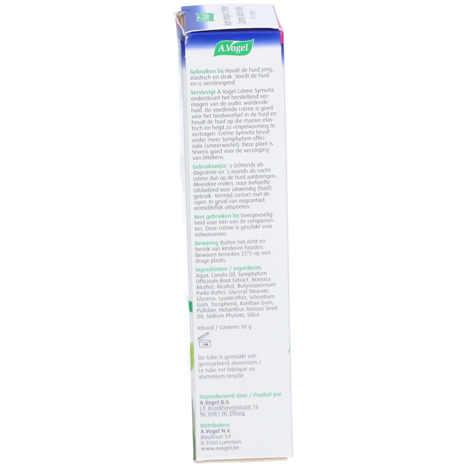 Seite der Verpackung der A.Vogel Symvita Anti-Falten-Creme. Text, Logos. Vegan-Siegel. 30 g.