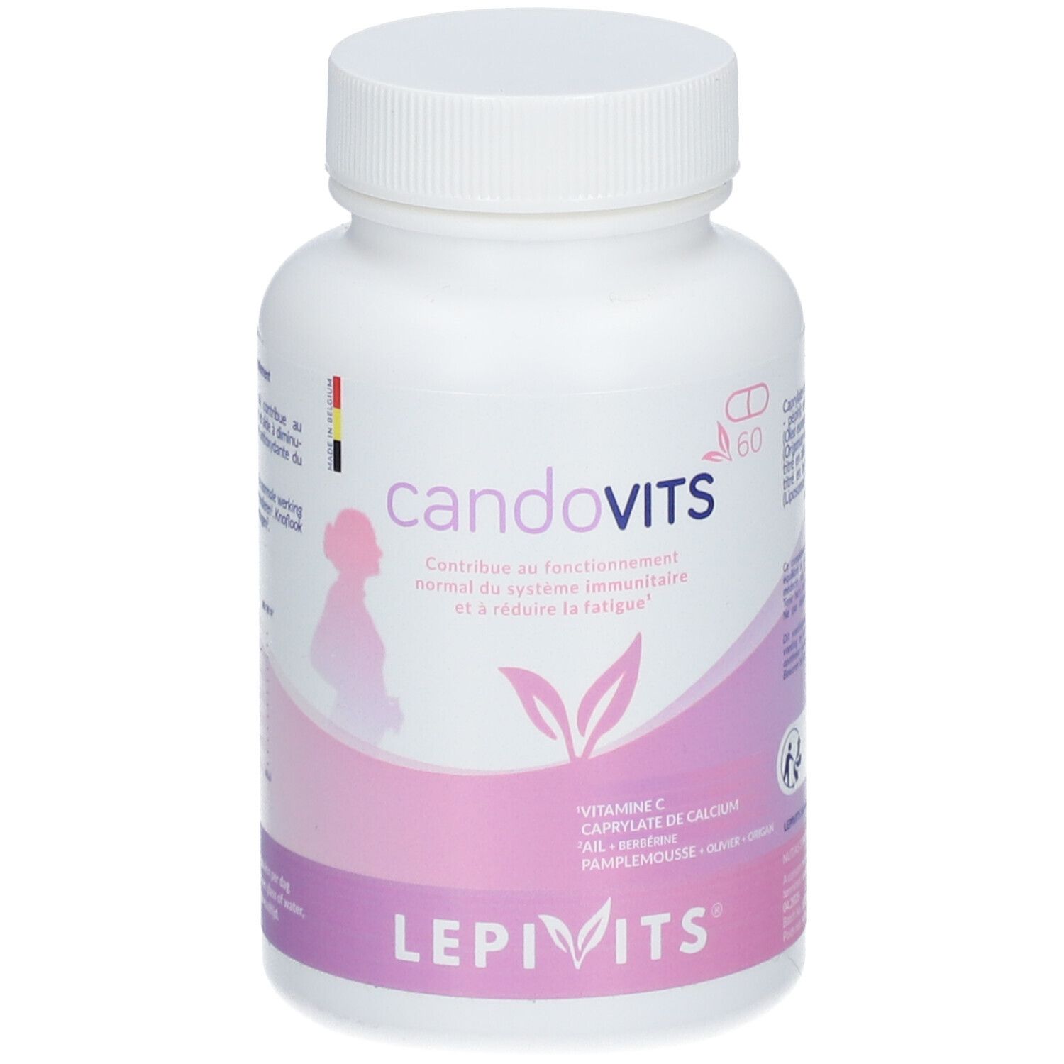 Witte fles met "candoVITS" en "LEPIVITS". Roze etiket met ingrediënten en afbeelding van een vrouw.