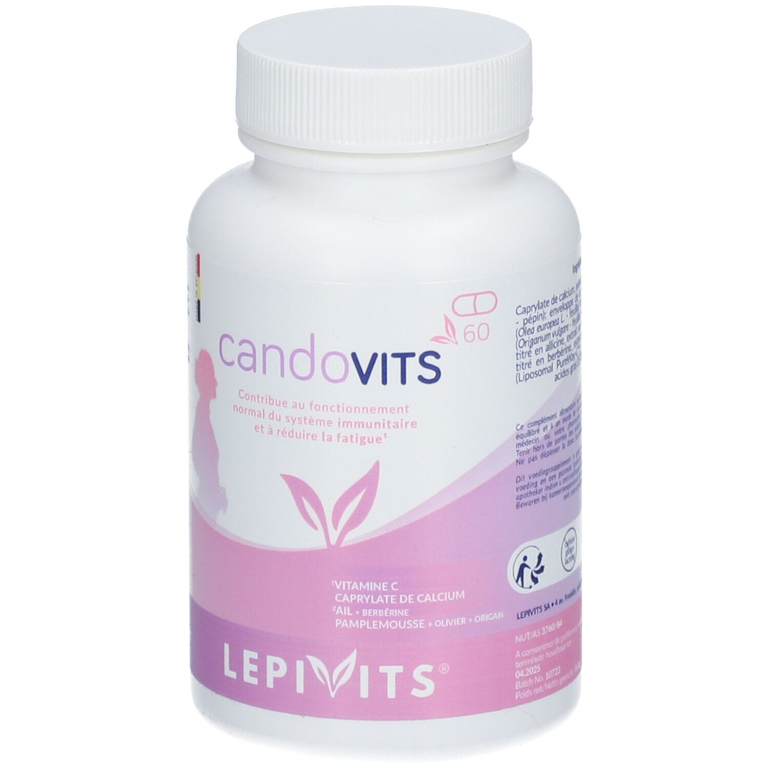 Witte fles met "candoVITS" en "LEPIVITS". Roze etiket met ingrediënten en afbeelding van een vrouw.