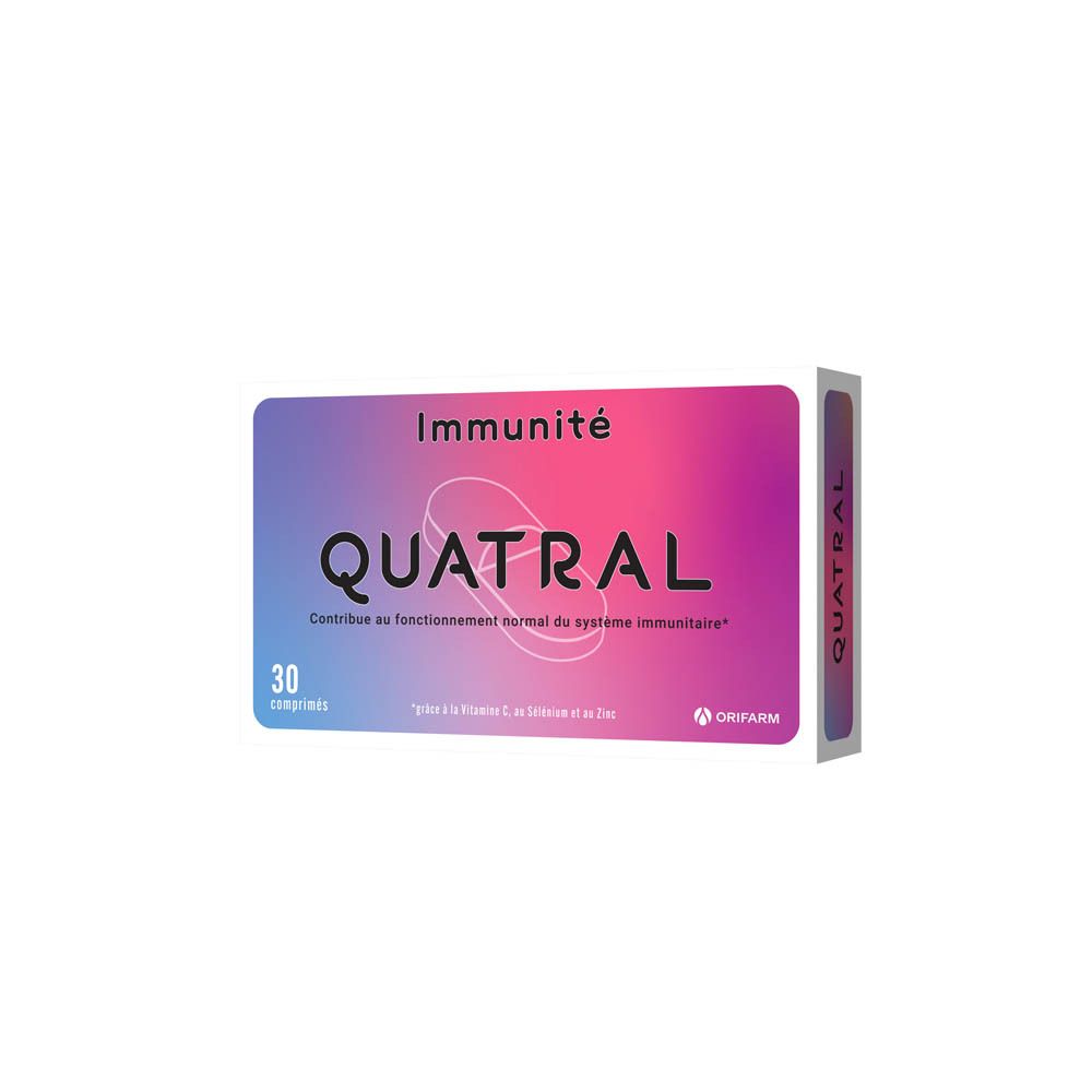 Emballage de comprimés Quatral. Inscription: Immunité. Contient 30 comprimés. Logo Orifarm.