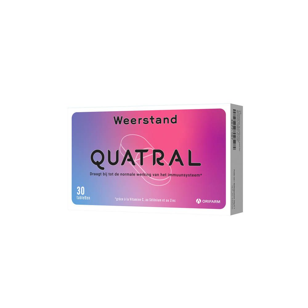 Quatral tablettenverpakking. Opschrift: Weerstand. Bevat 30 tabletten. Orifarm logo.