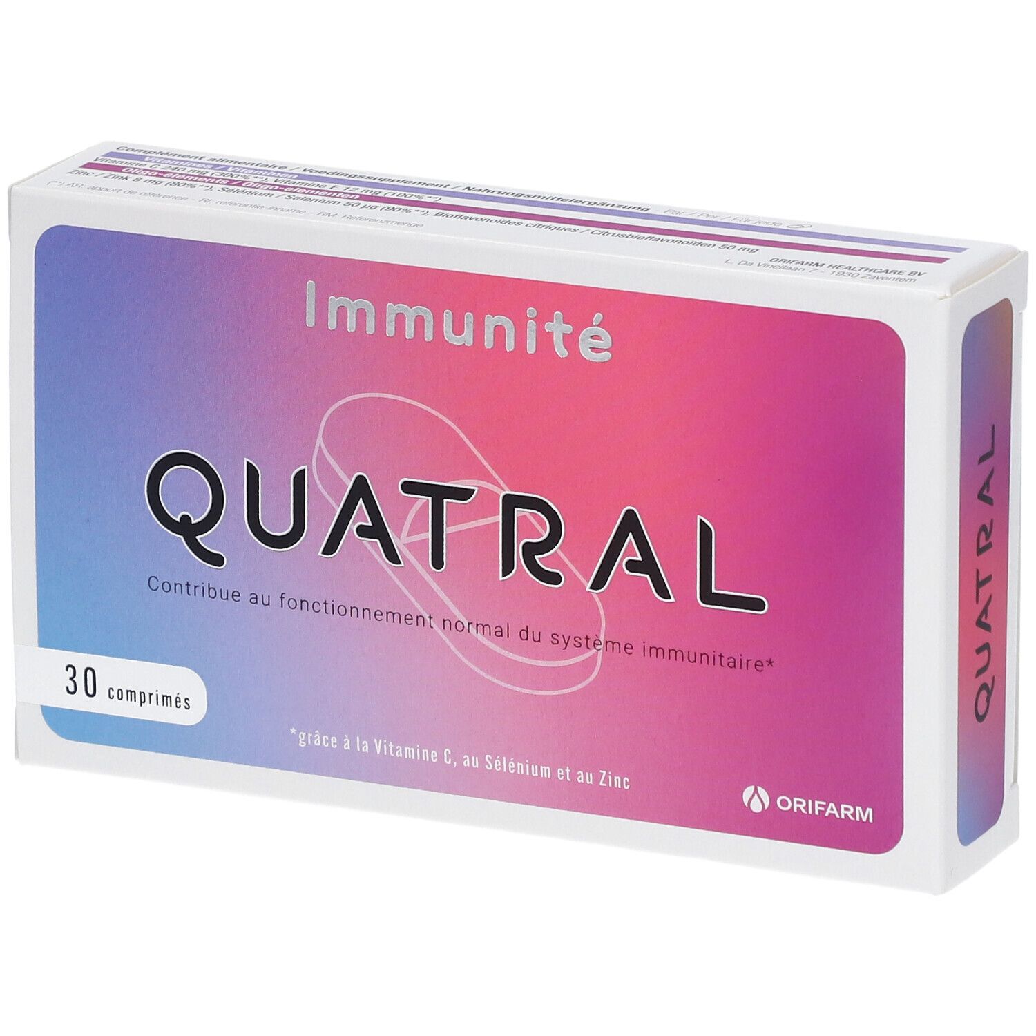 Doosje Quatral tabletten. Opschrift: Immuniteit. Bevat 30 tabletten. Orifarm logo.