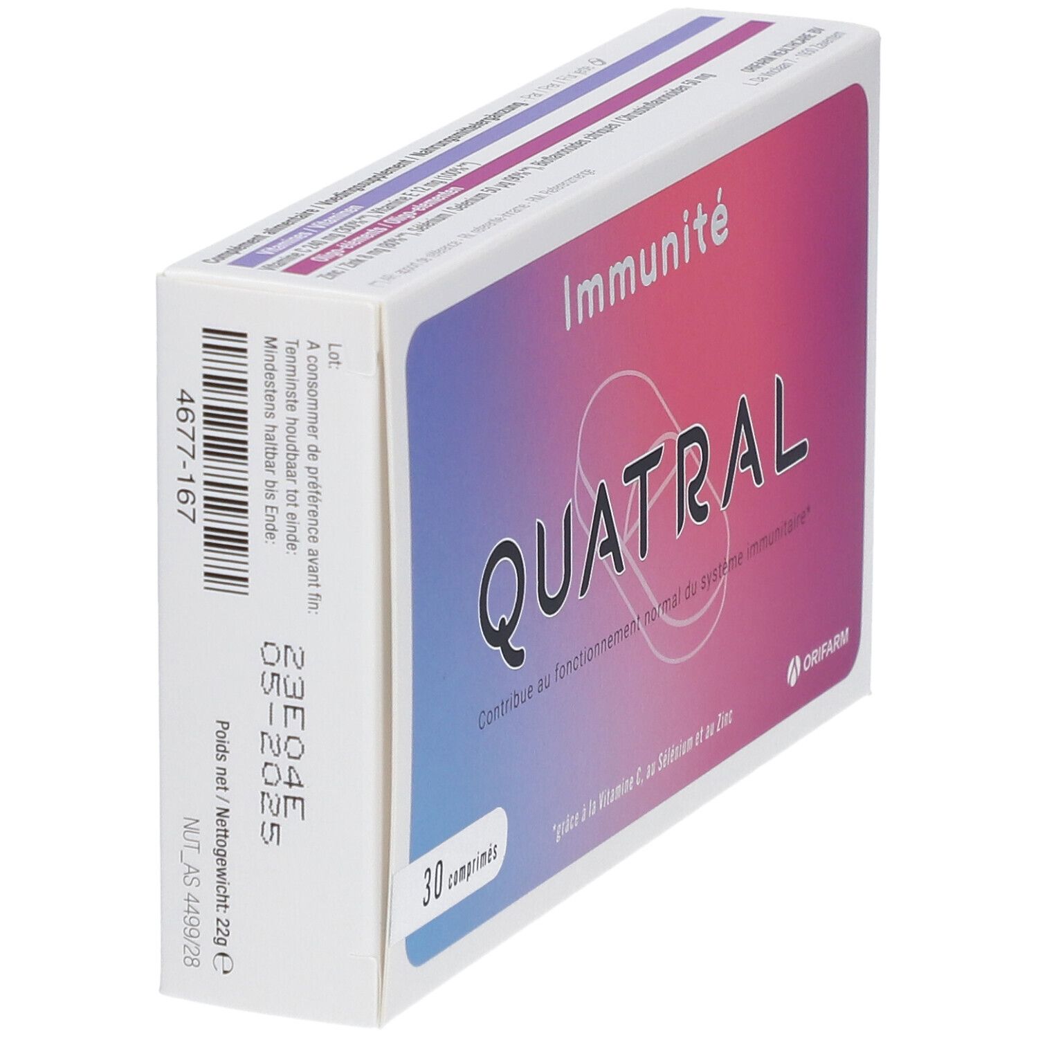 Doosje Quatral tabletten. Opschrift: Immuniteit. Bevat 30 tabletten. Orifarm logo. Zijaanzicht.