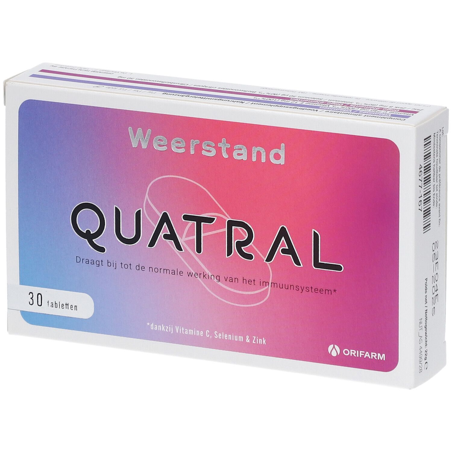 Doosje Quatral tabletten. Opschrift: Weerstand. Bevat 30 tabletten. Orifarm logo.