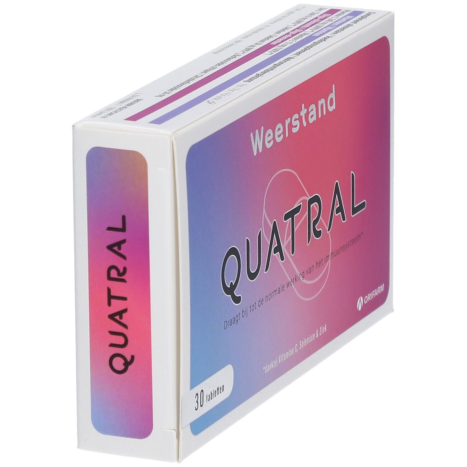 Doosje Quatral tabletten. Opschrift: Weerstand. Bevat 30 tabletten. Orifarm logo. Zijaanzicht.
