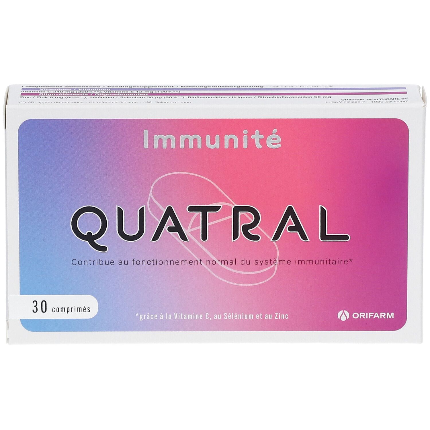 Doosje Quatral tabletten. Opschrift: Immuniteit. Bevat 30 tabletten. Orifarm logo.
