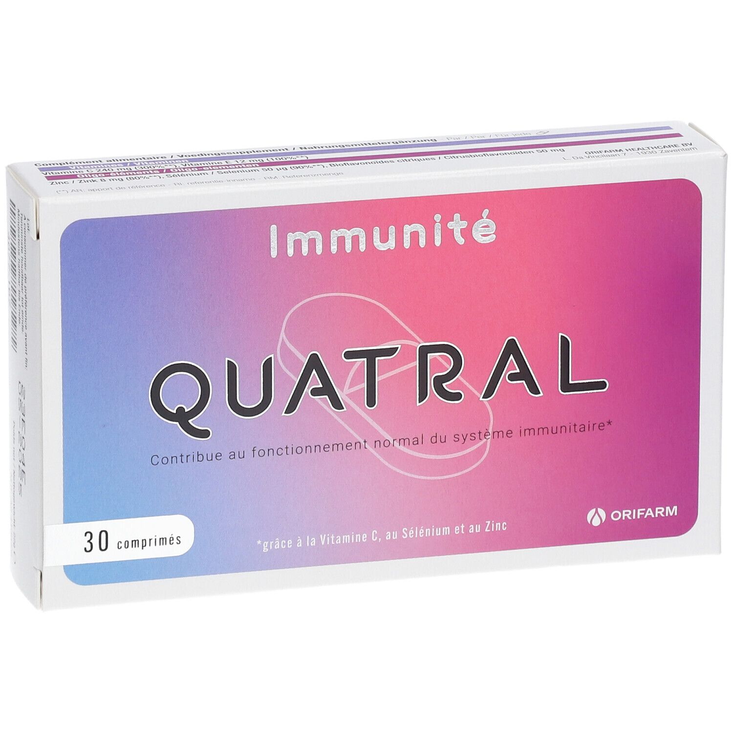 Doosje Quatral tabletten. Opschrift: Immuniteit. Bevat 30 tabletten. Orifarm logo.