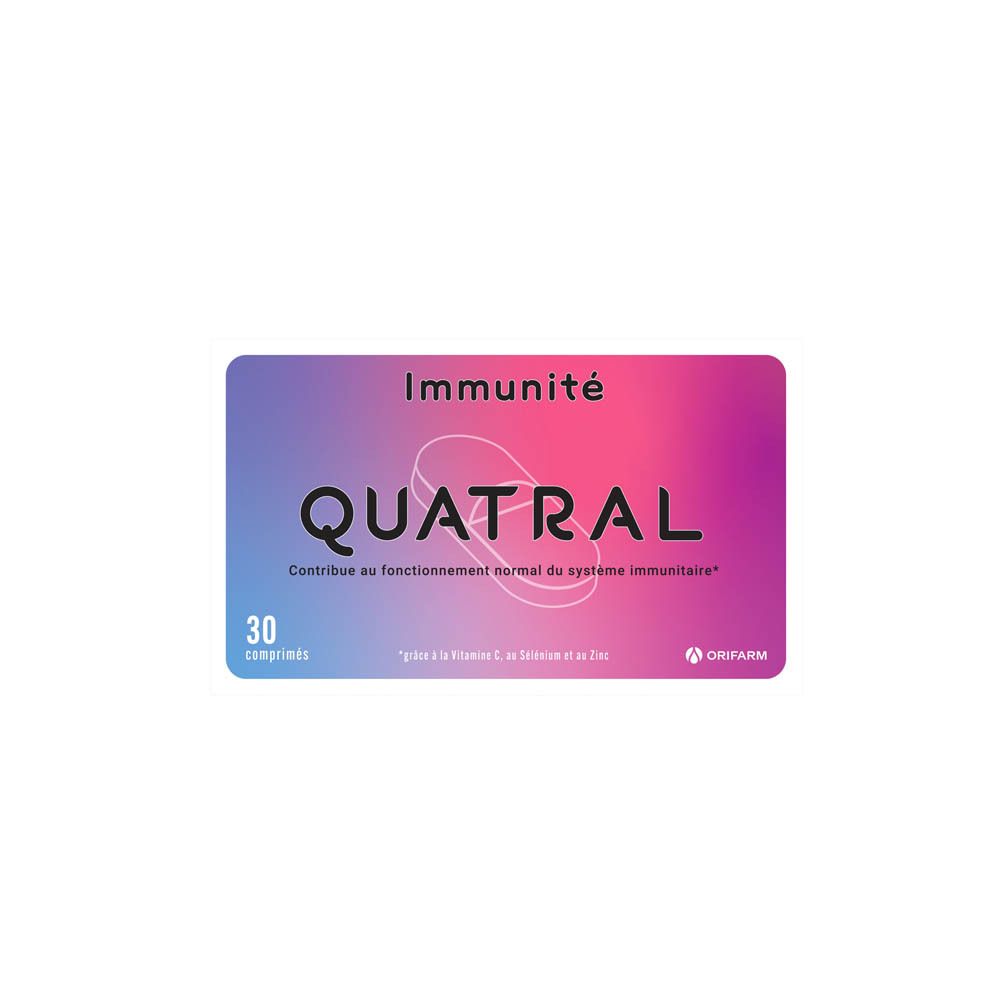 Emballage de comprimés Quatral. Inscription: Immunité. Contient 30 comprimés. Logo Orifarm.